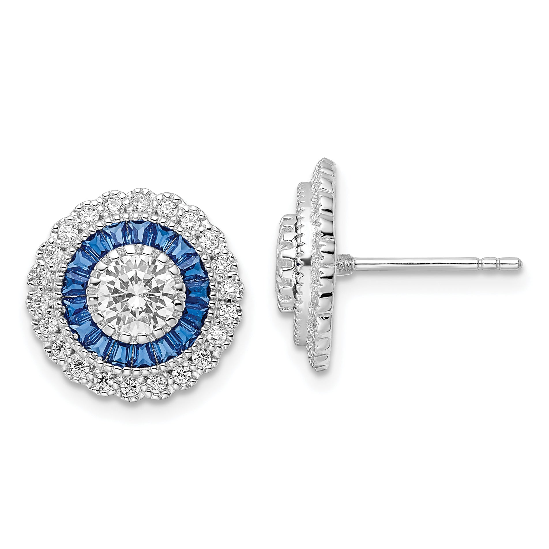 Sterling Silver Rhodium-plated Polished Blue & White CZ Round Post Earrings Main image