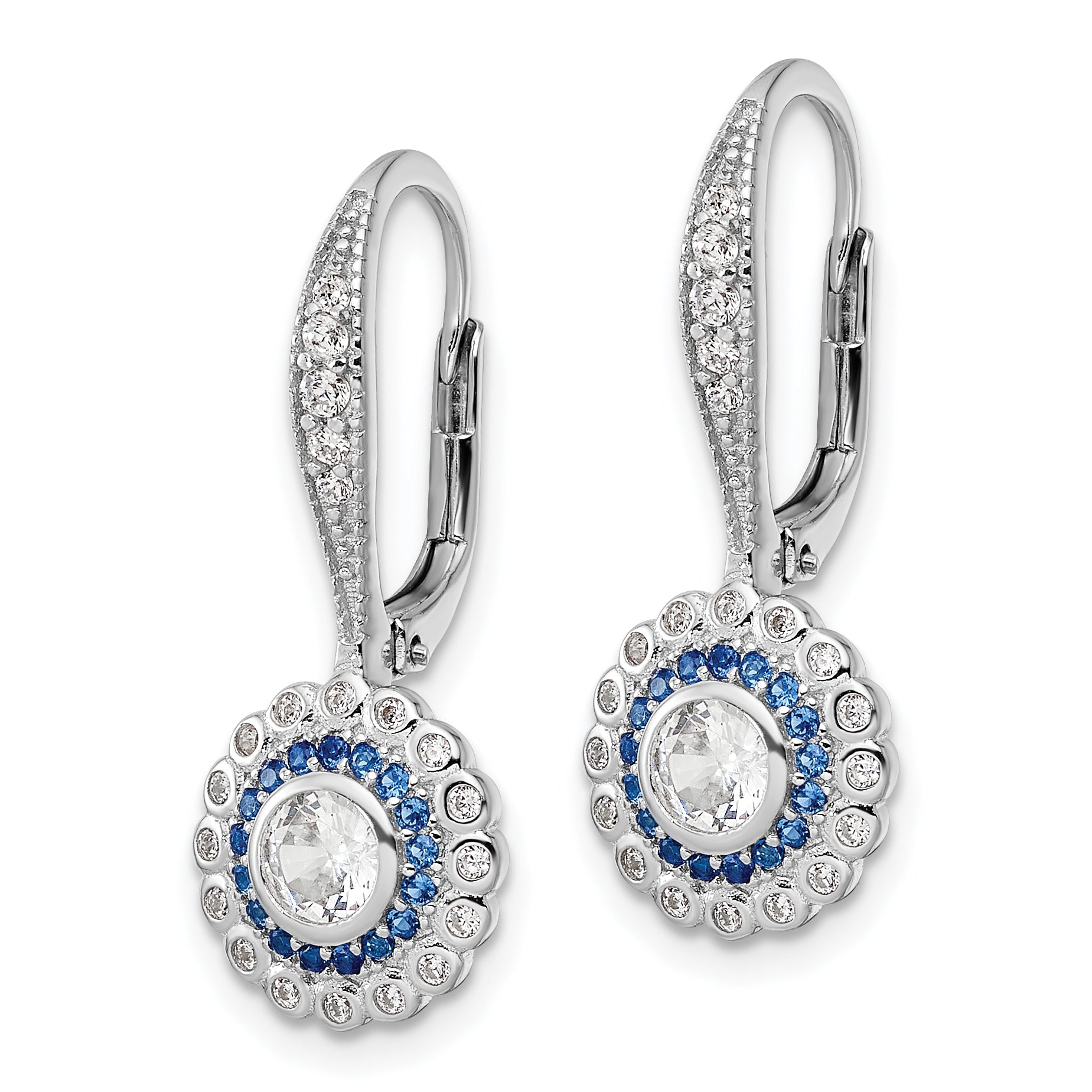 Sterling Silver Rhodium-plated Polished Blue & White CZ Leverback Earrings Secondary image