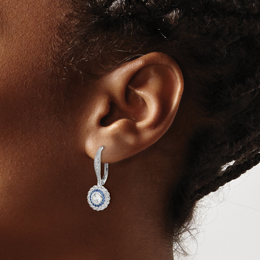 Sterling Silver Rhodium-plated Polished Blue & White CZ Leverback Earrings
