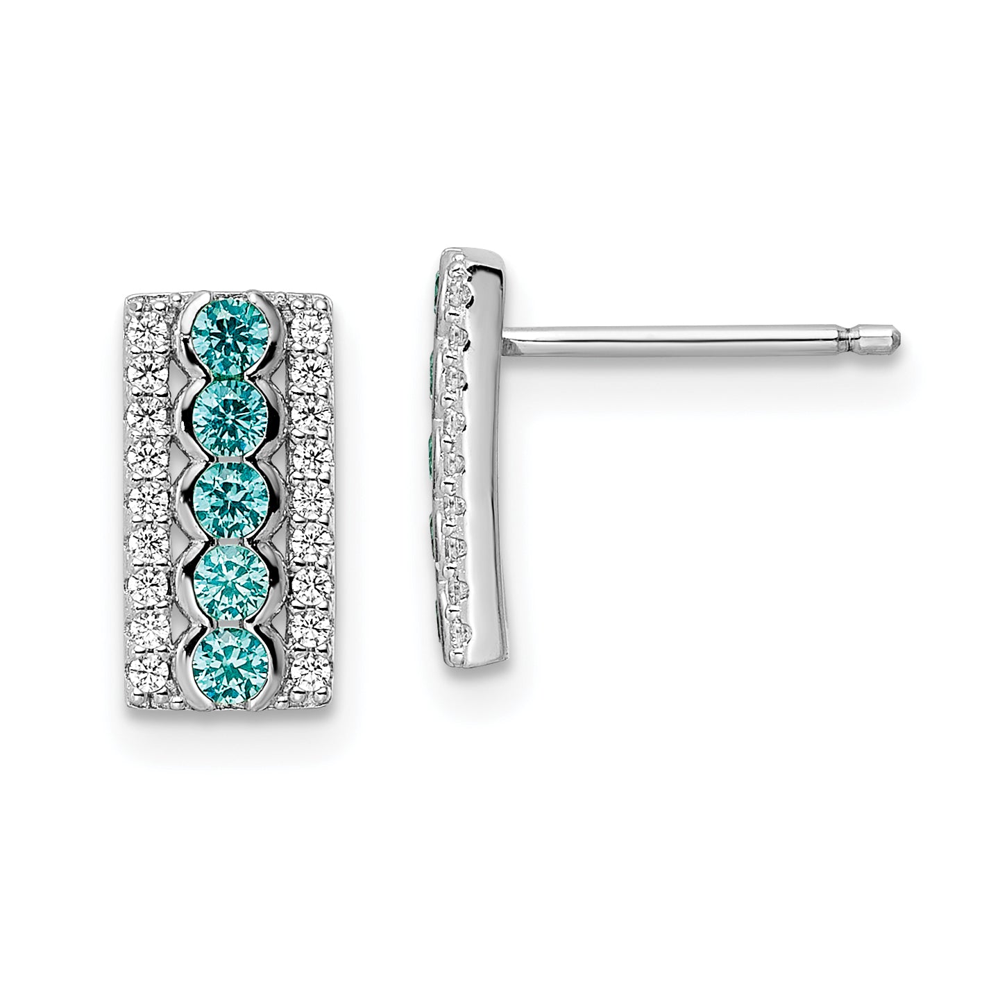 Sterling Silver Rhodium plated Aqua & White CZ Post Earrings Main image