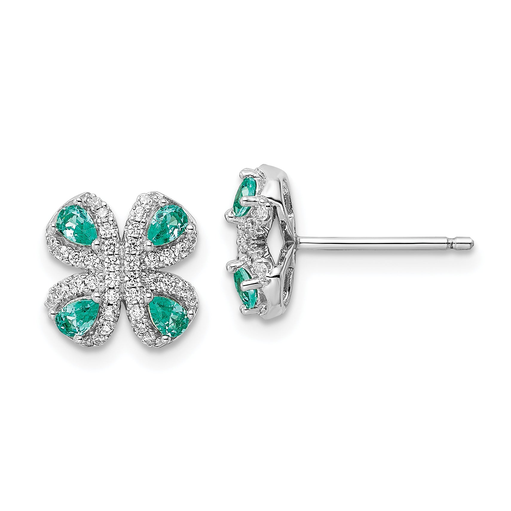 Sterling Silver Rhodium plated Teal & White CZ Post Earrings Main image
