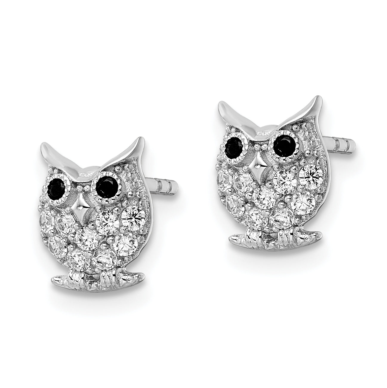 Sterling Silver Rhodium-plated Black & White CZ Owl Post Earrings Secondary image