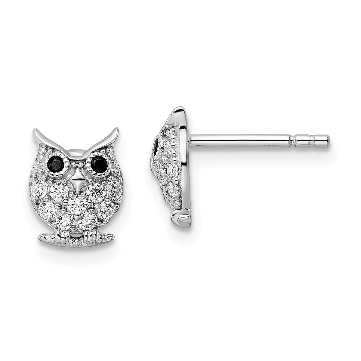 Sterling Silver Rhodium-plated Black & White CZ Owl Post Earrings