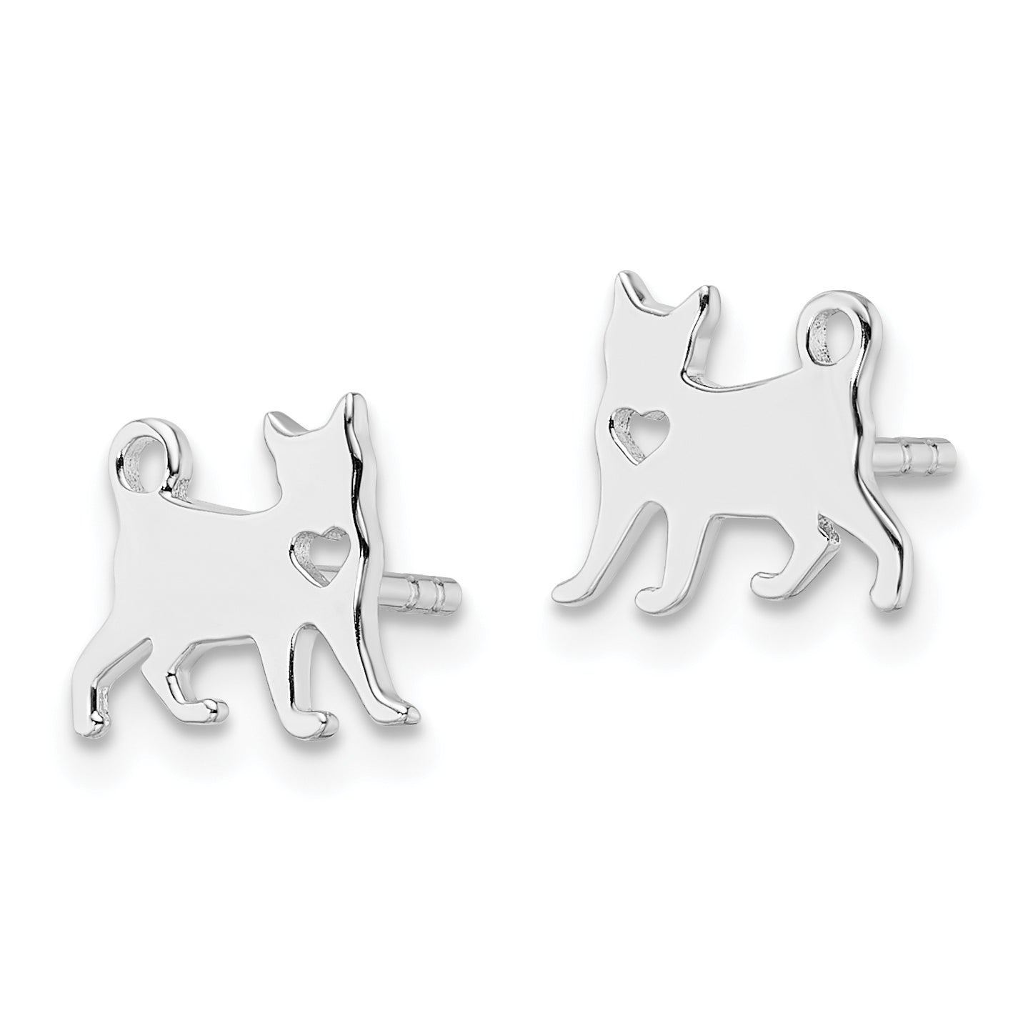 Sterling Silver Rhodium-plated Cat w/Heart Post Earrings Secondary image