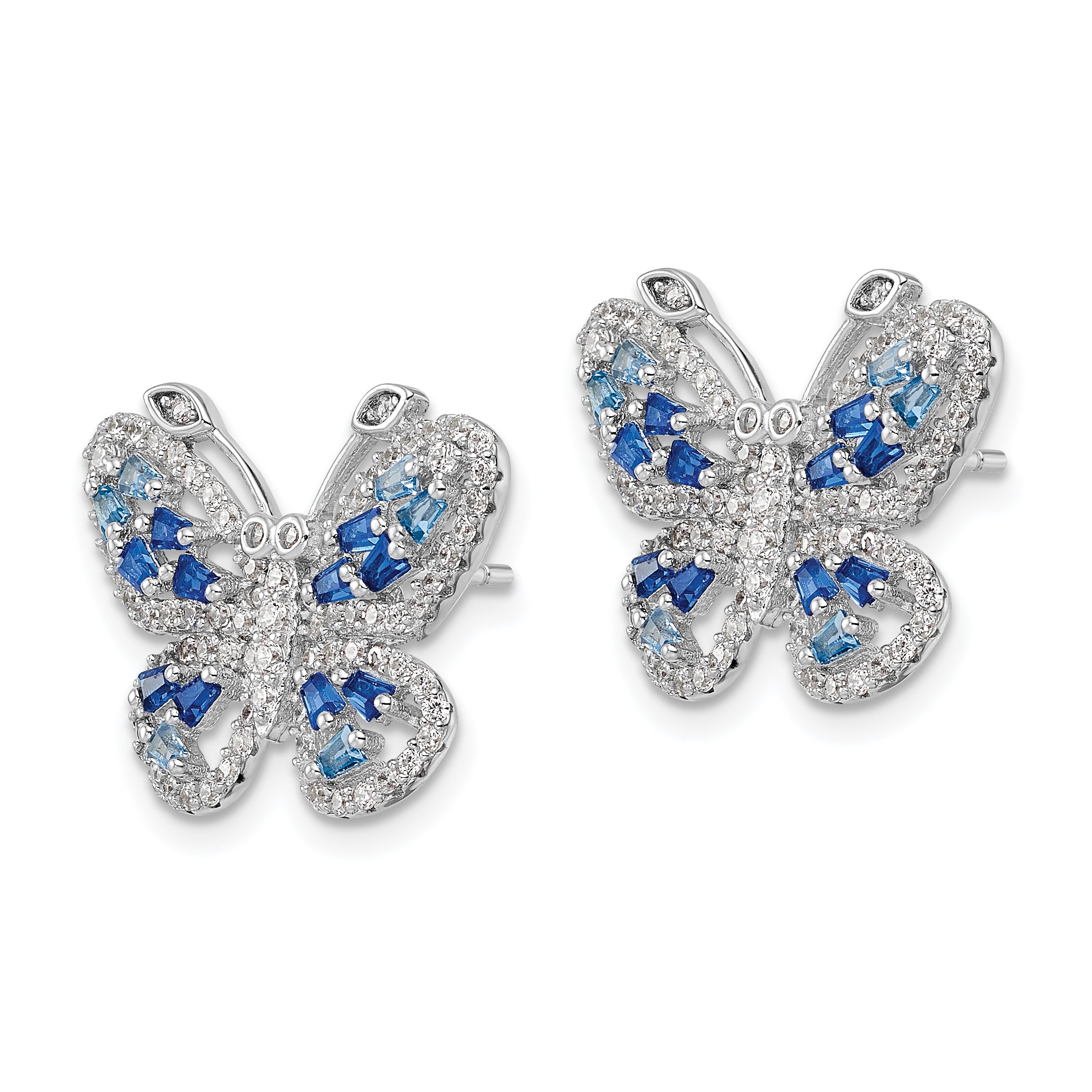 Sterling Silver Rhodium-plated Polished Light and Dark Blue CZ with Clear CZ Butterfly Post Earrings Secondary image