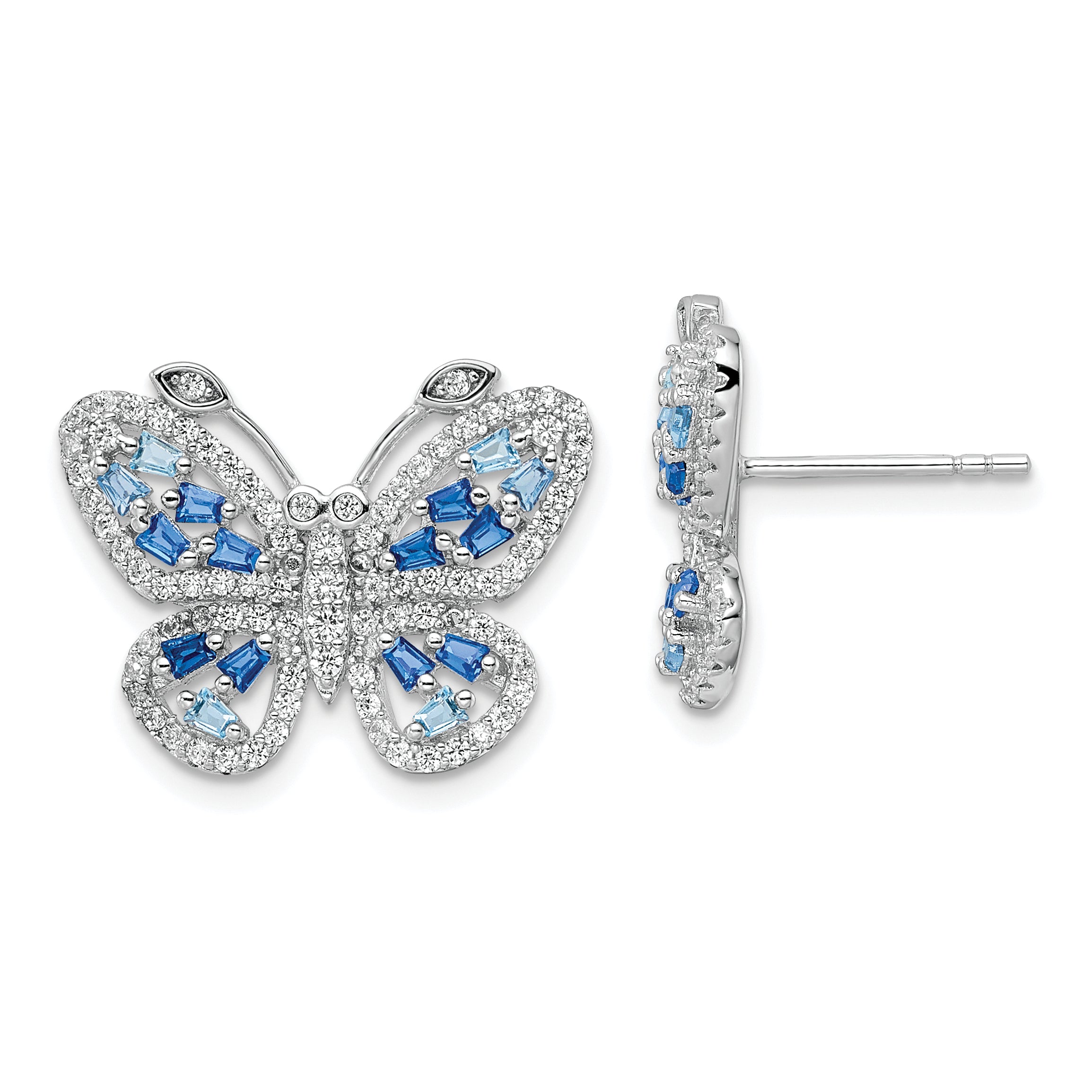 Sterling Silver Rhodium-plated Polished Light and Dark Blue CZ with Clear CZ Butterfly Post Earrings Main image