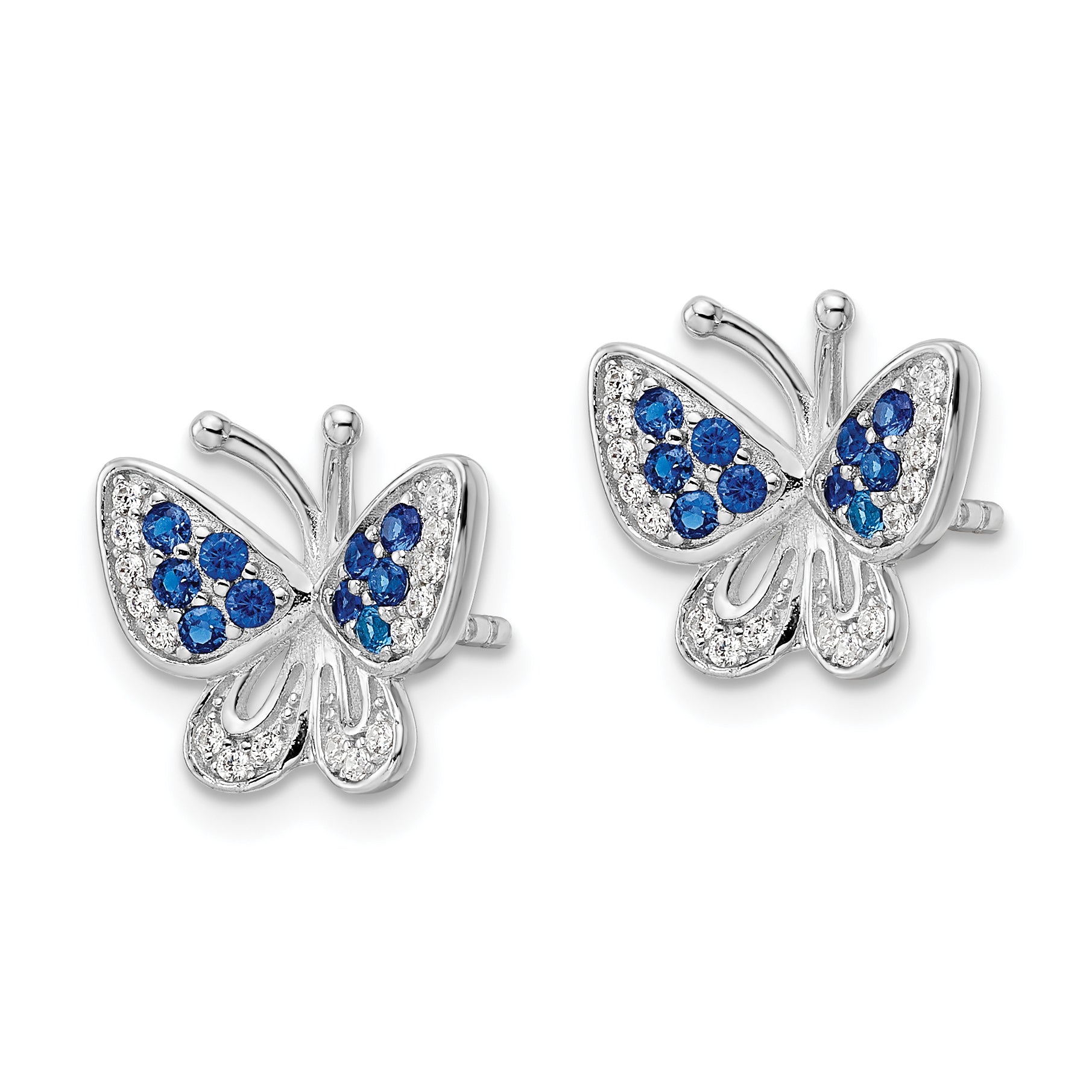 Sterling Silver Rhodium-plated Blue & White CZ Butterfly Post Earrings Secondary image