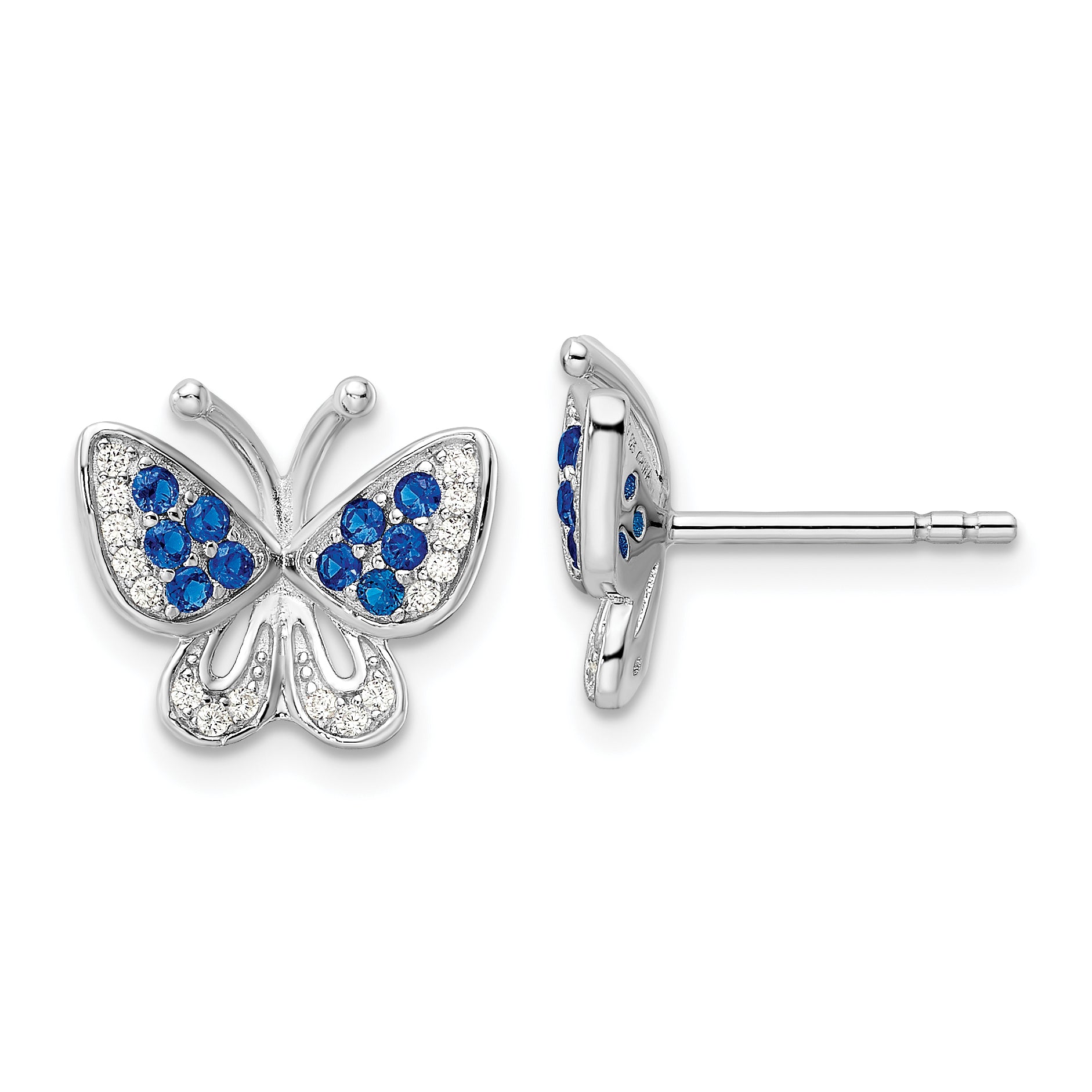 Sterling Silver Rhodium-plated Blue & White CZ Butterfly Post Earrings Main image