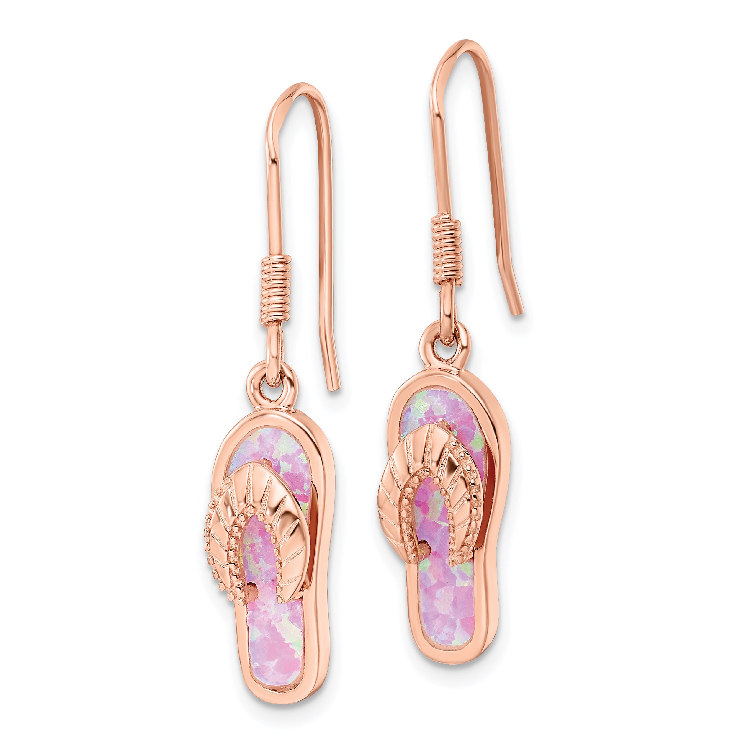 Sterling Silver Rose-tone Pink Created Opal Inlay Flip Flop Dangle Earrings Secondary image