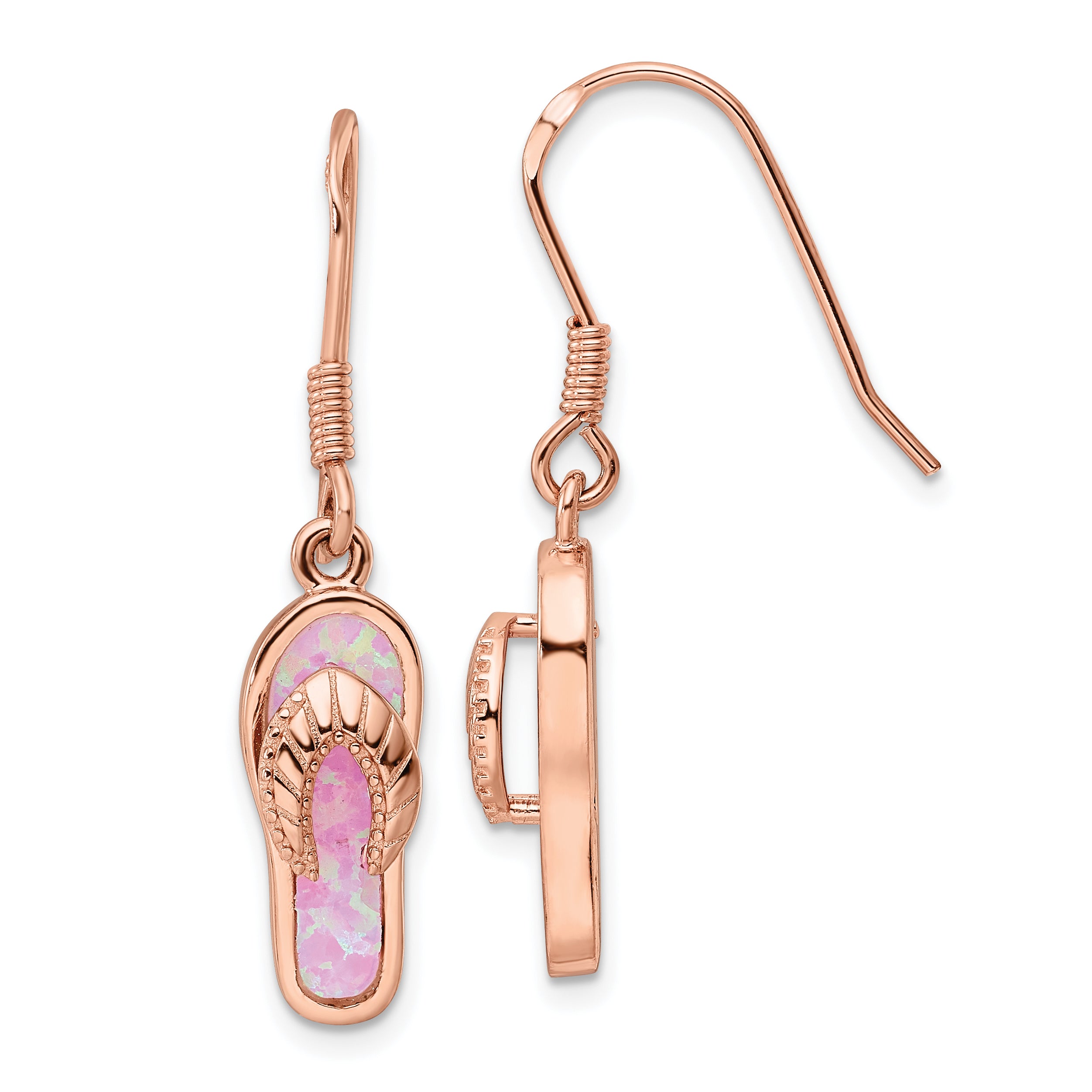 Sterling Silver Rose-tone Pink Created Opal Inlay Flip Flop Dangle Earrings