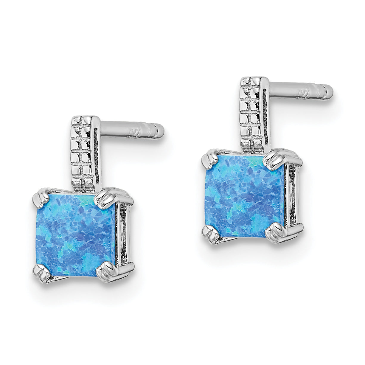 Sterling Silver Rhodium-plated Square Blue Created Opal Post Earrings Secondary image