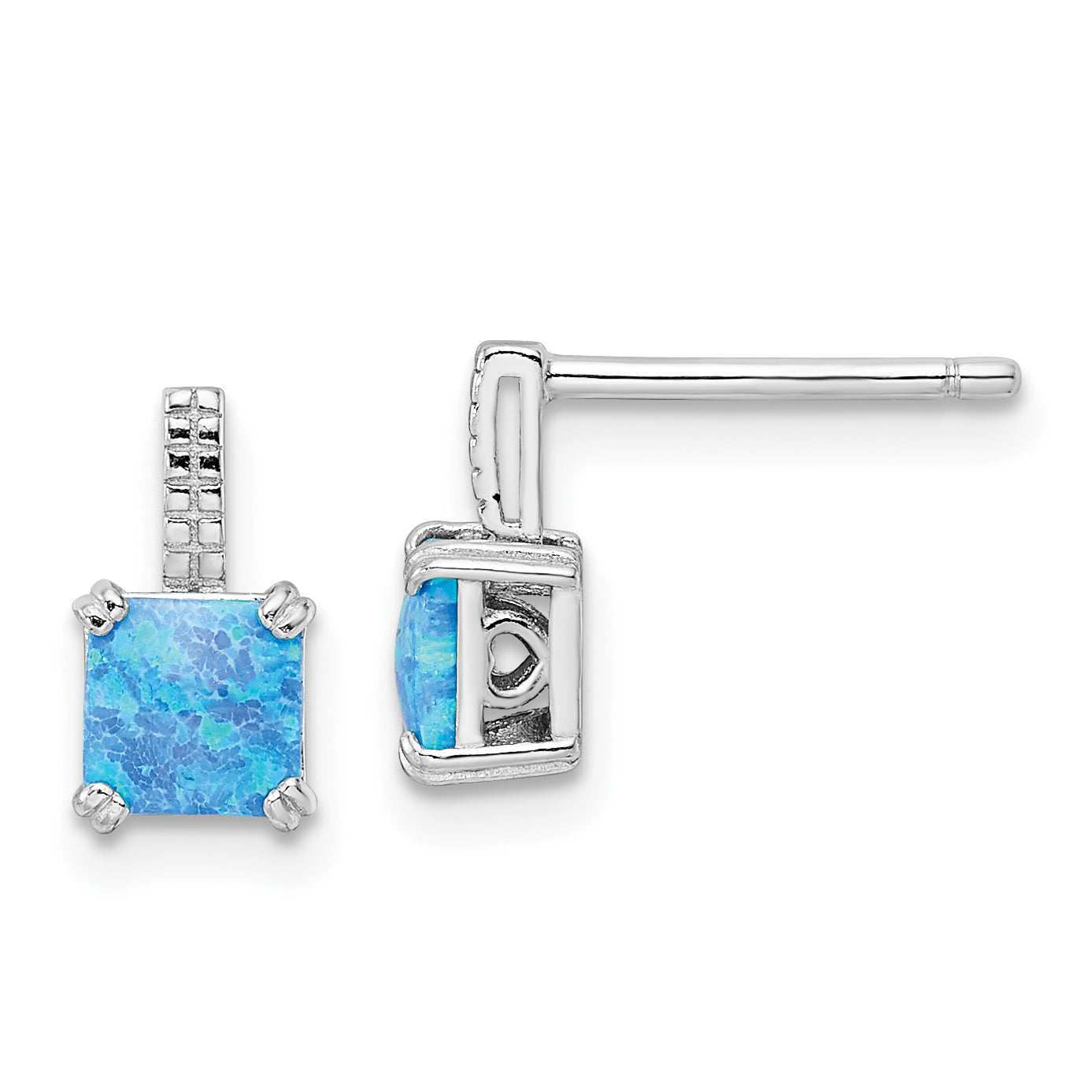Sterling Silver Rhodium-plated Square Blue Created Opal Post Earrings Main image