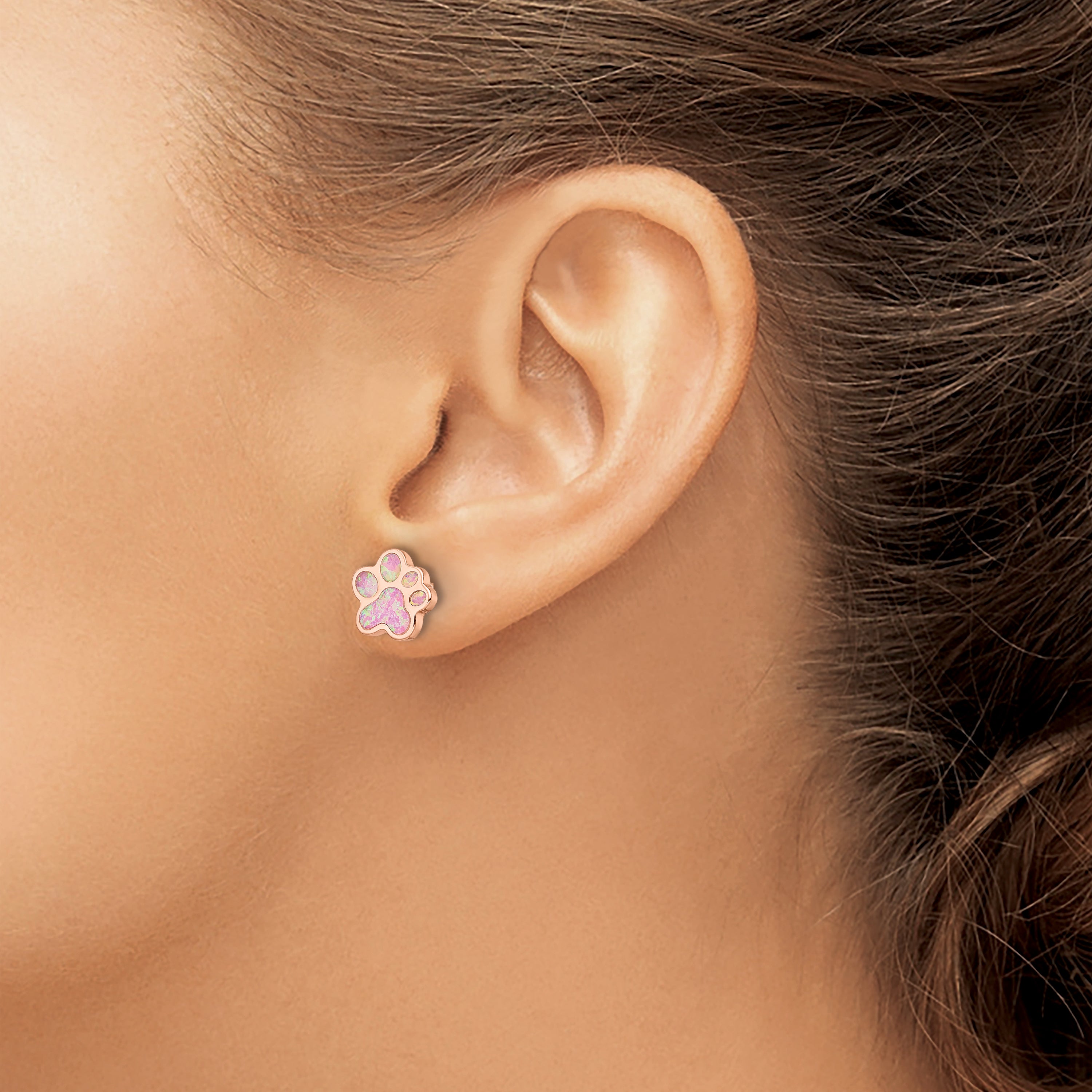 Sterling Silver Rose-tone Created Opal Inlay Pawprint Post Earrings