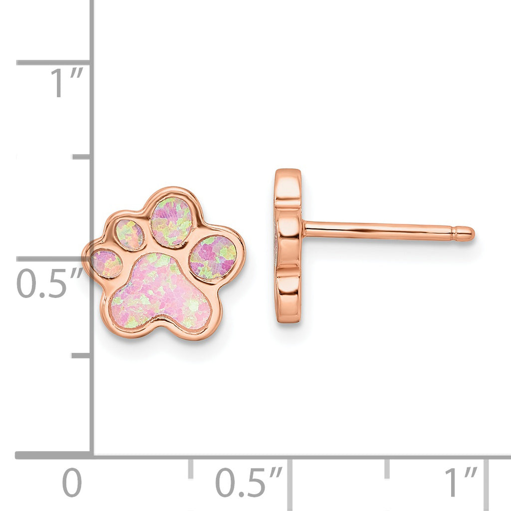 Sterling Silver Rose-tone Created Opal Inlay Pawprint Post Earrings