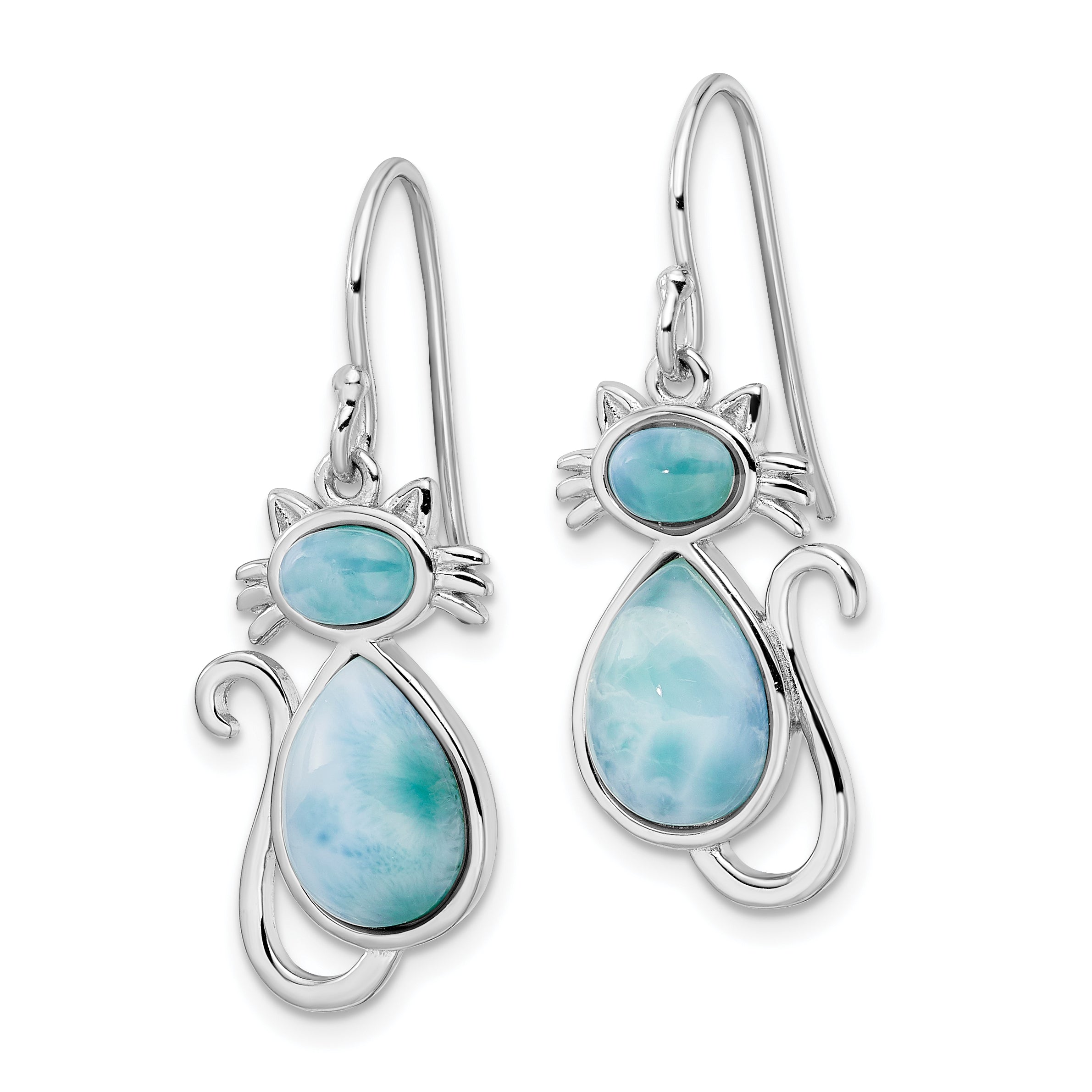 Sterling Silver Rhodium-plated Polished Larimar Cat Dangle Earrings Secondary image