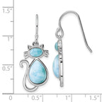 Sterling Silver Rhodium-plated Polished Larimar Cat Dangle Earrings