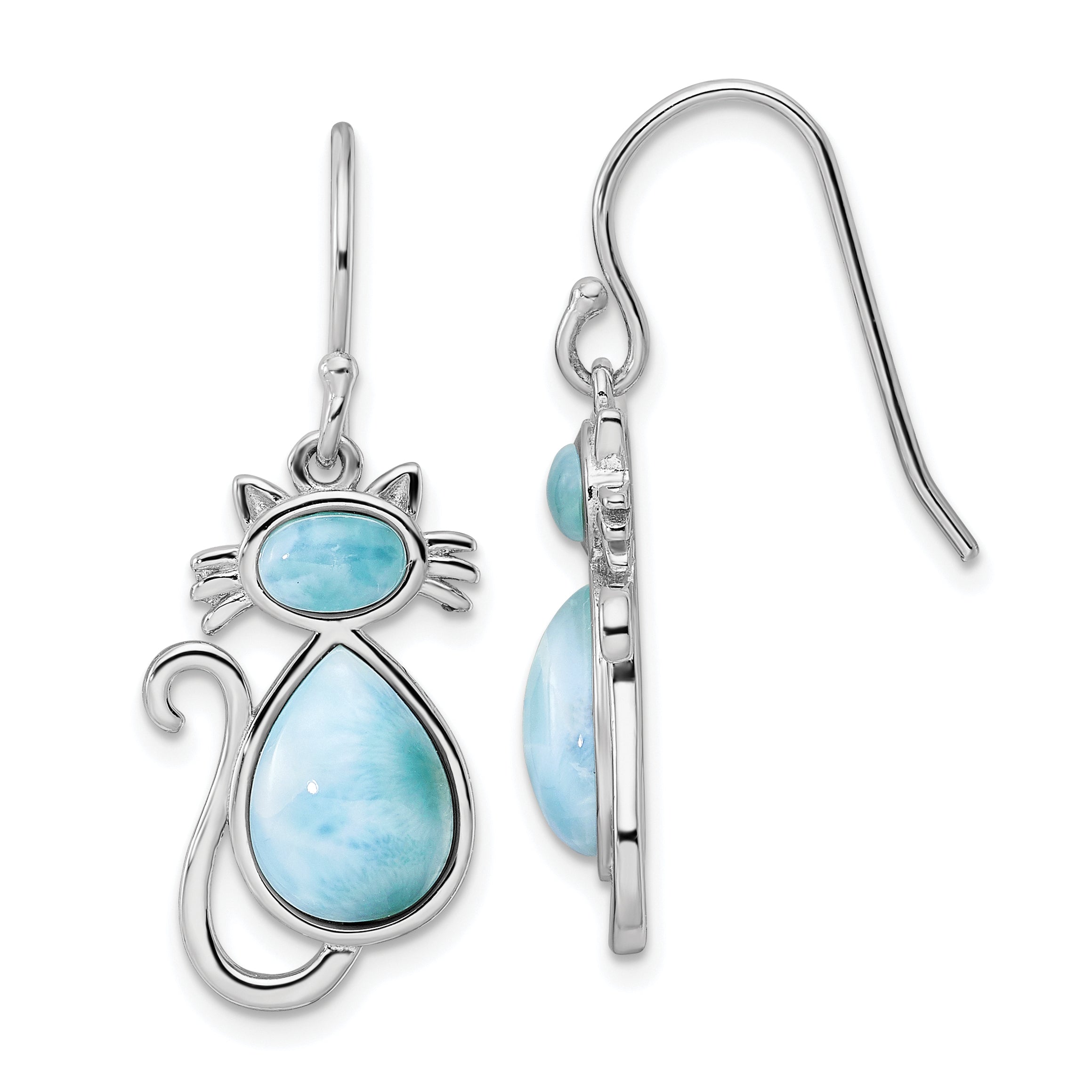 Sterling Silver Rhodium-plated Polished Larimar Cat Dangle Earrings Main image