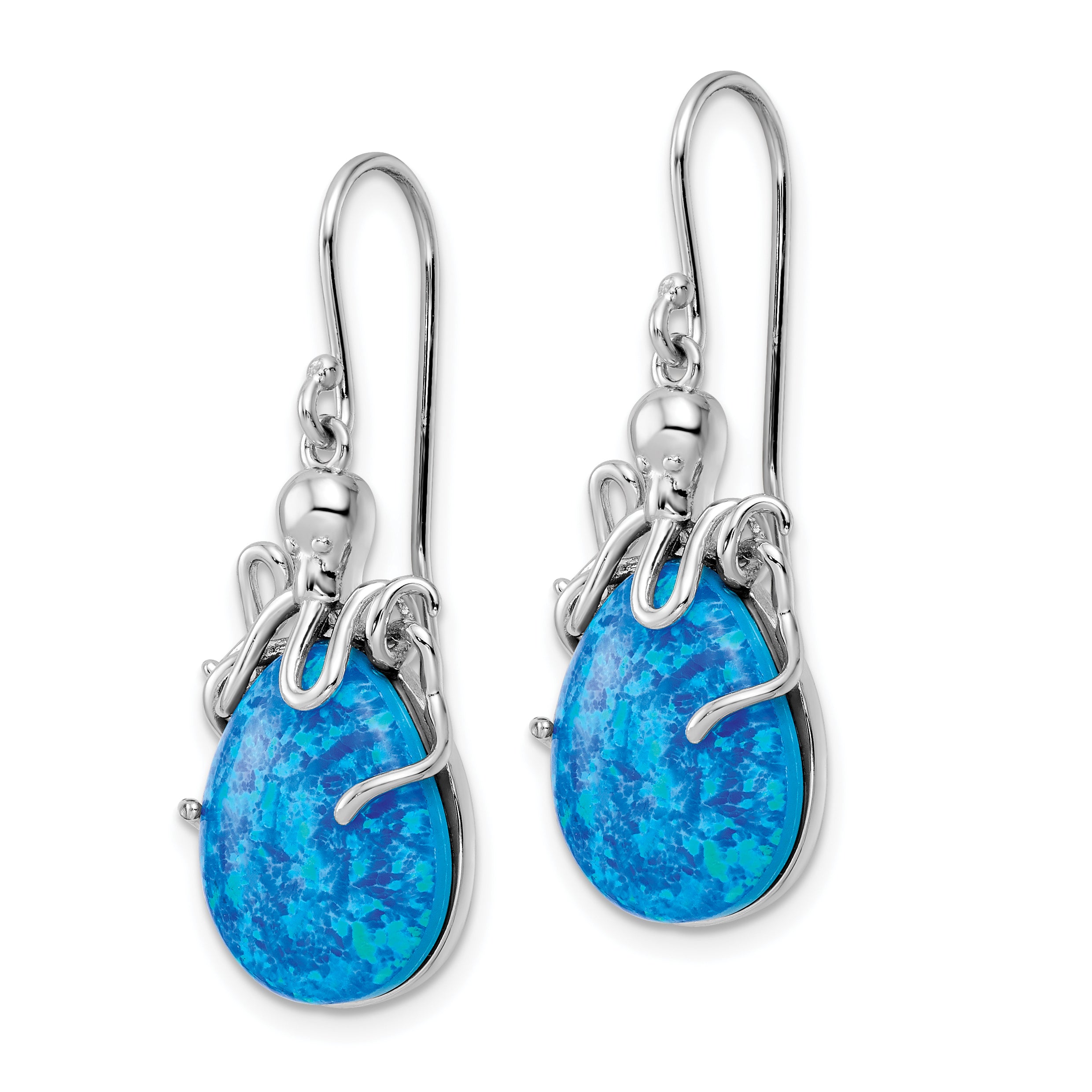 Sterling Silver Rhodium-plated Blue Lab Created Opal Octopus Dangle Earrings Secondary image