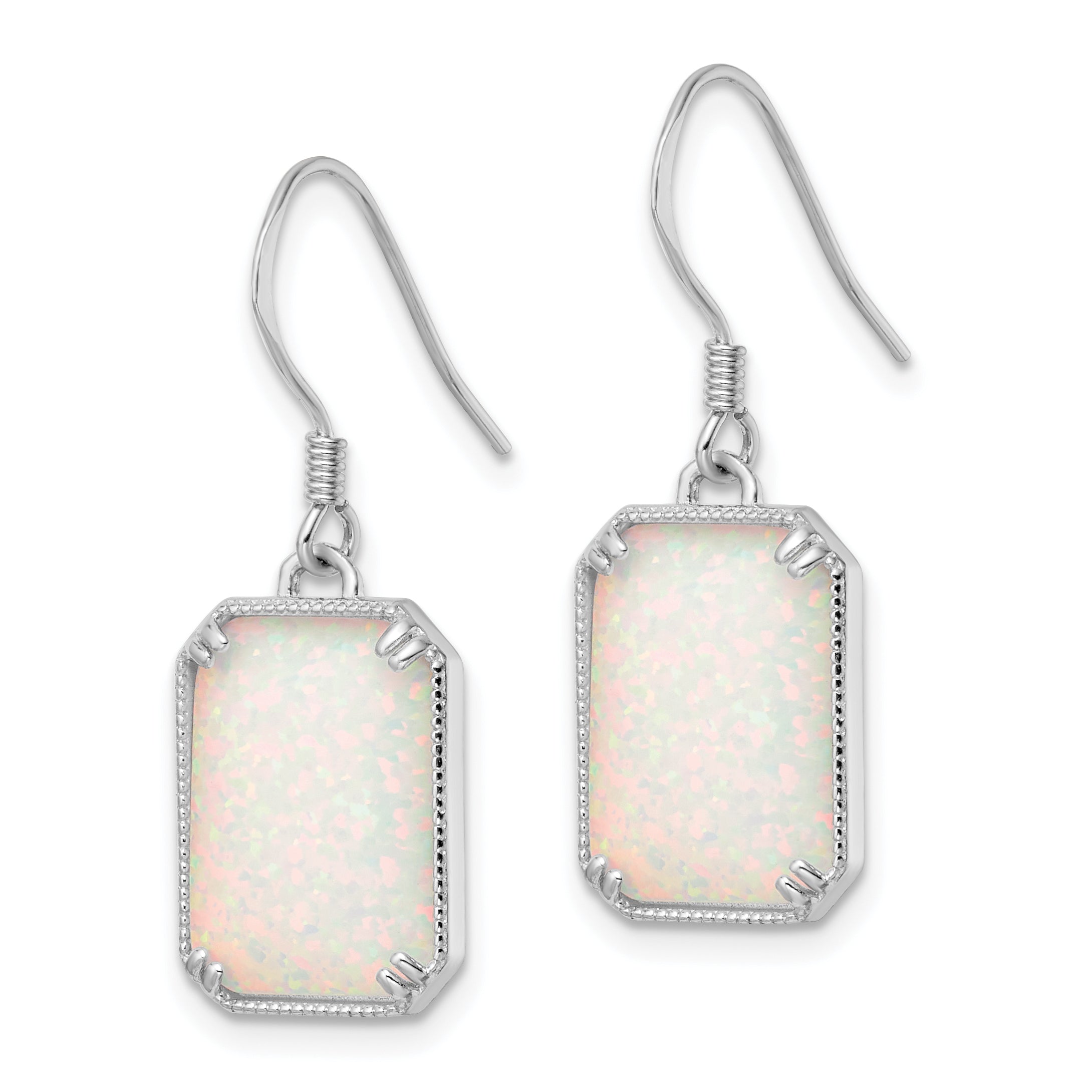 Sterling Silver RH-plated White Created Opal Beaded Border Earrings Secondary image