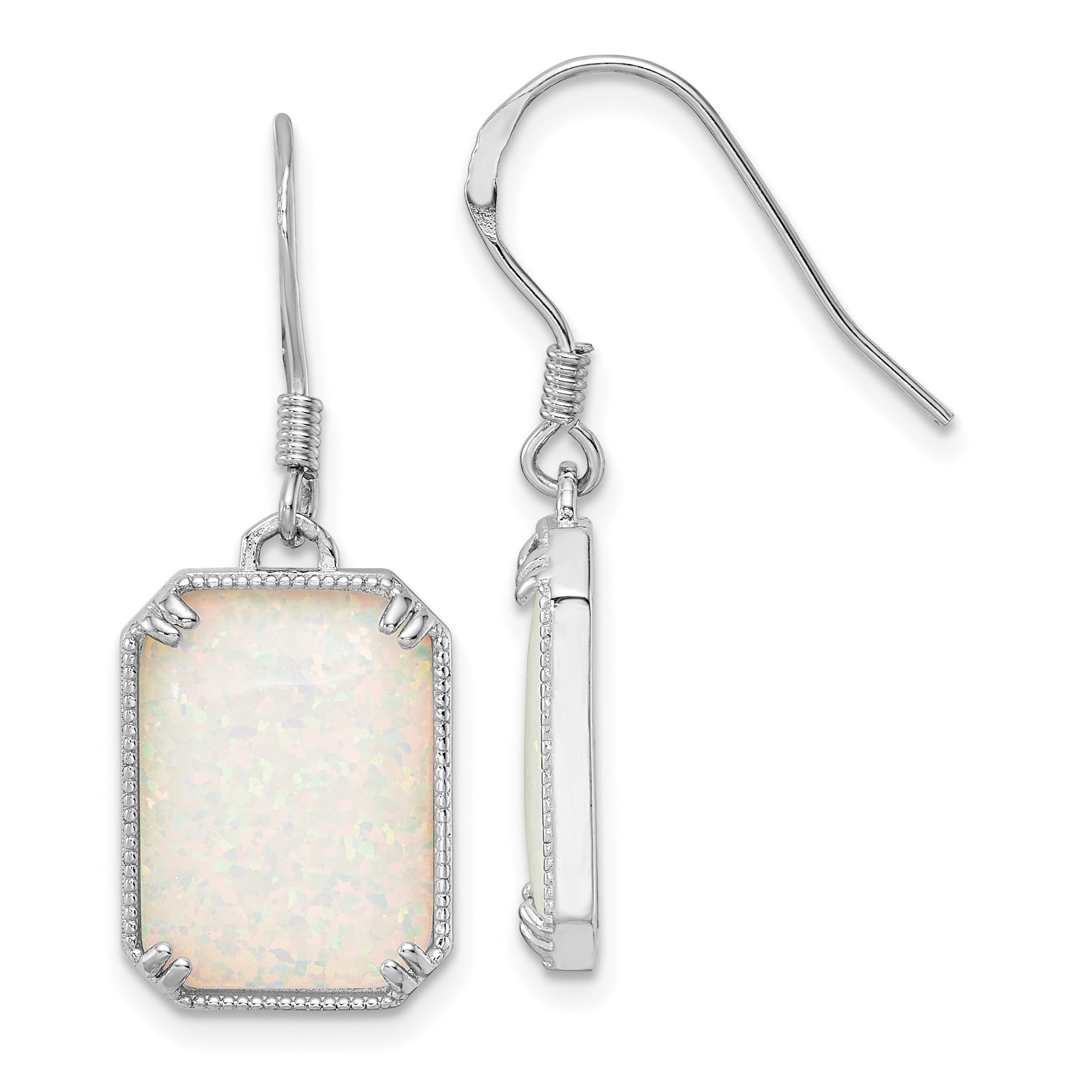 Sterling Silver RH-plated White Created Opal Beaded Border Earrings Main image