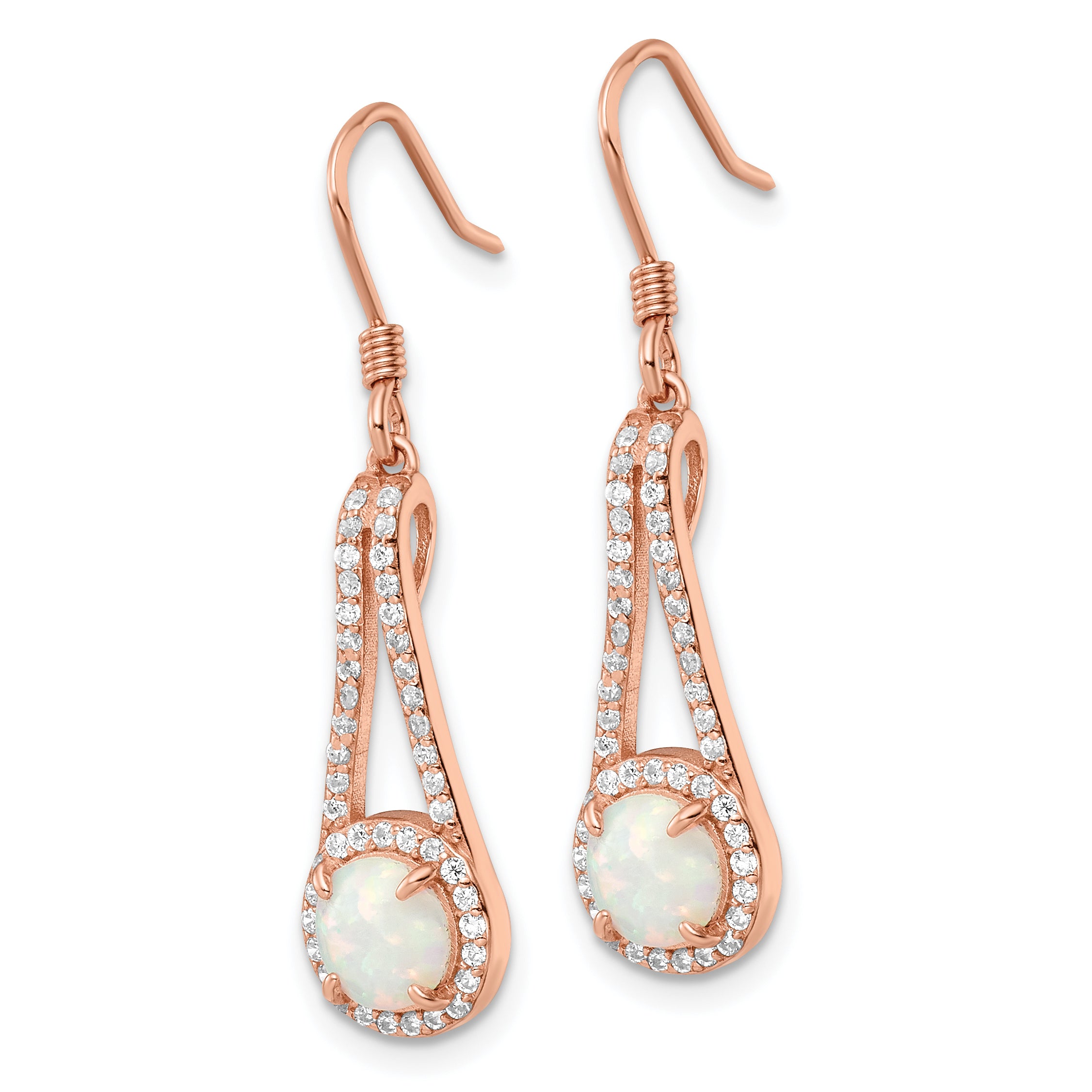 Sterling Silver Rose-tone Polished CZ & White Created Opal Dangle Earrings Secondary image