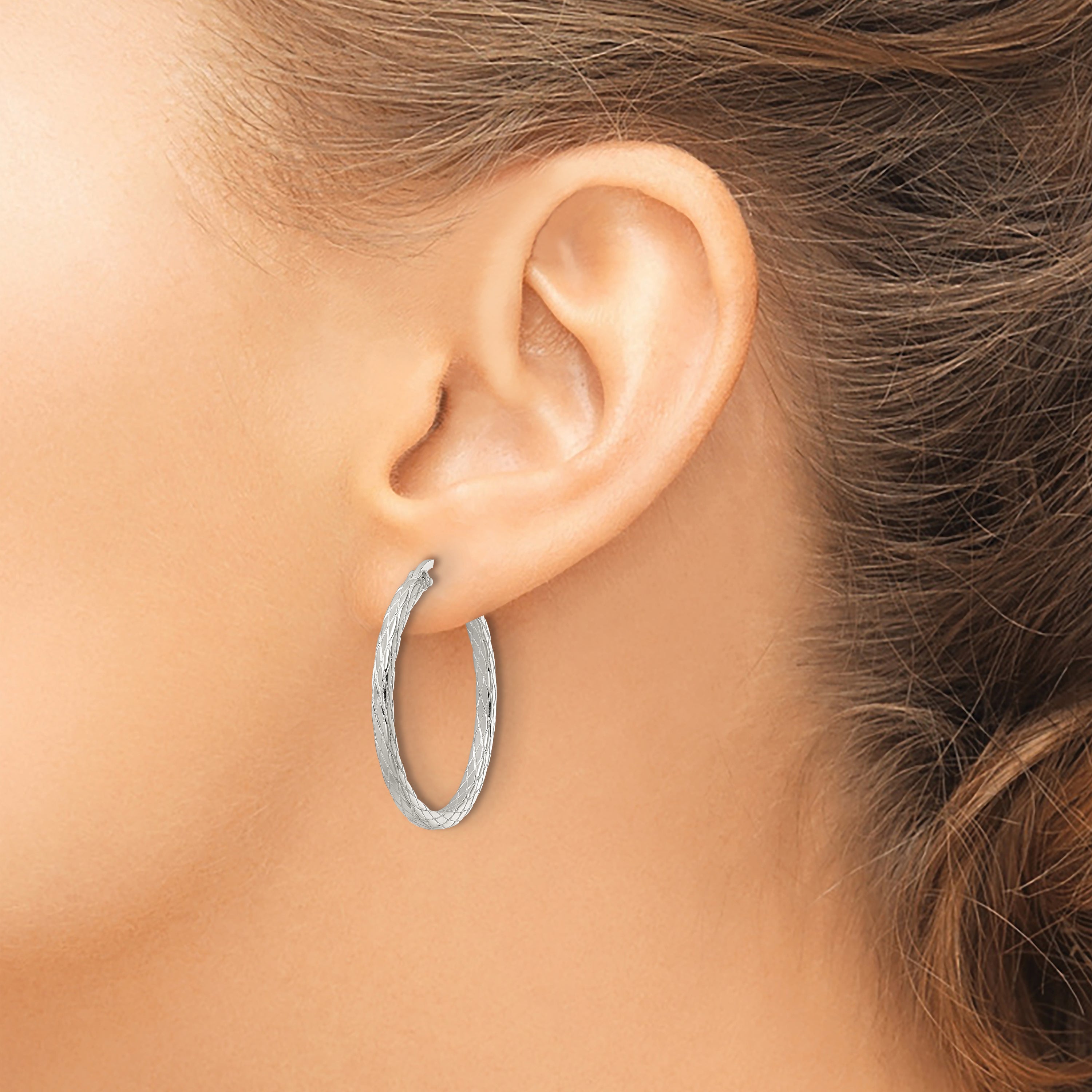 Sterling Silver Rhodium-plated Diamond Pattern Hoop Earrings