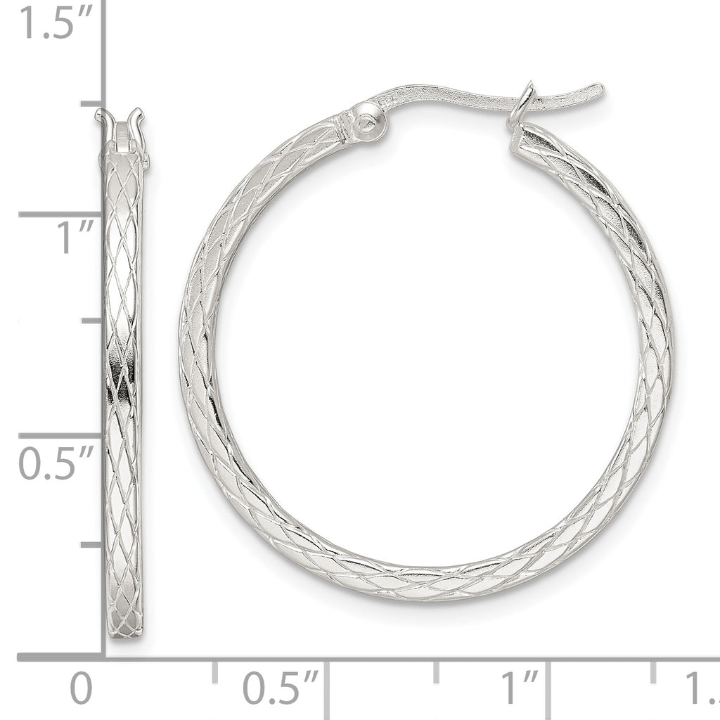 Sterling Silver Rhodium-plated Diamond Pattern Hoop Earrings