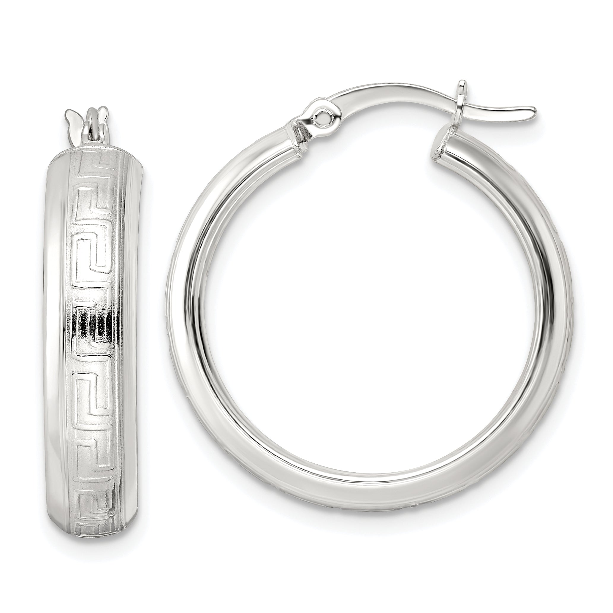 Sterling Silver Polished Greek Key Circle Hoop Earrings