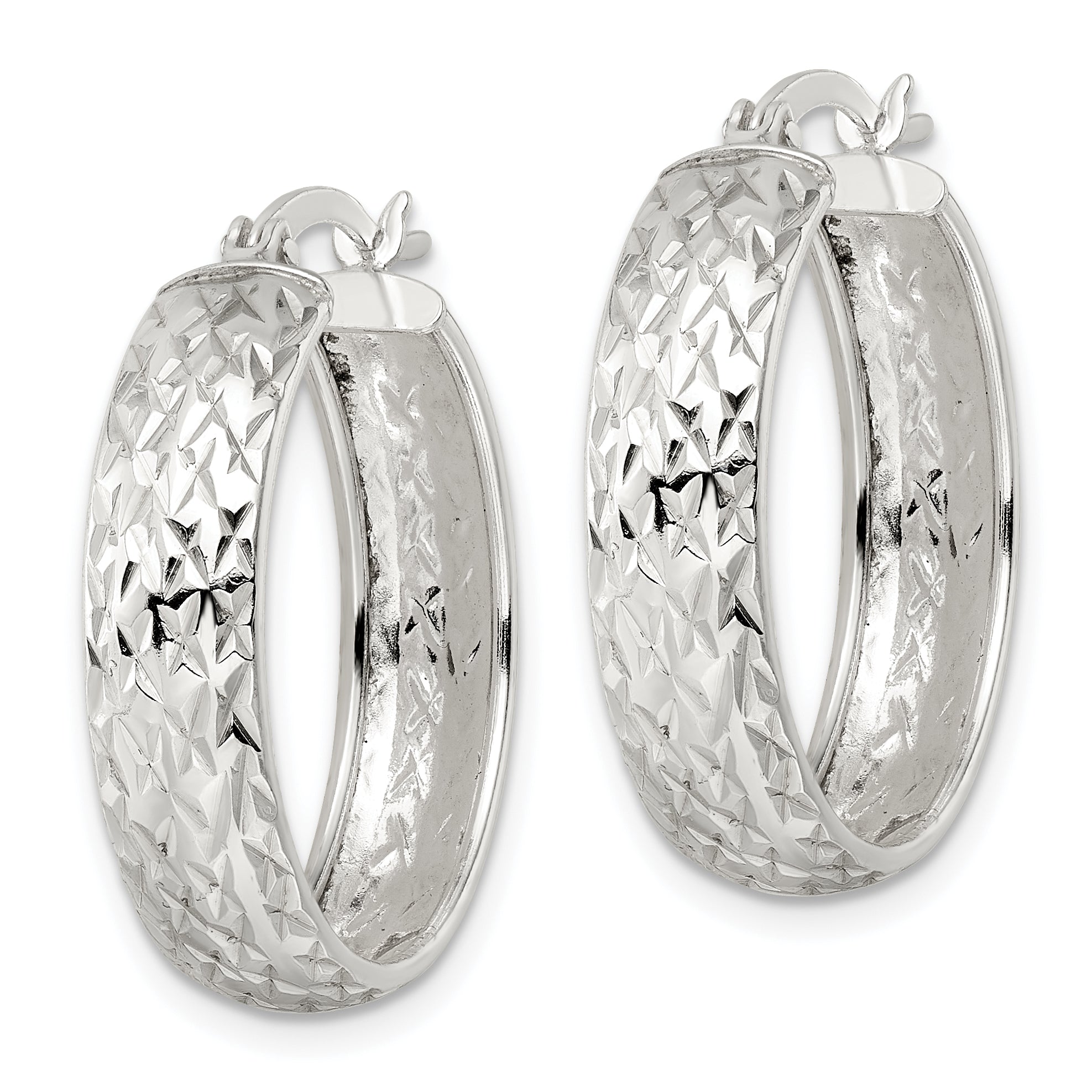 Sterling Silver Diamond-cut 6x25mm Hoop Earrings Secondary image
