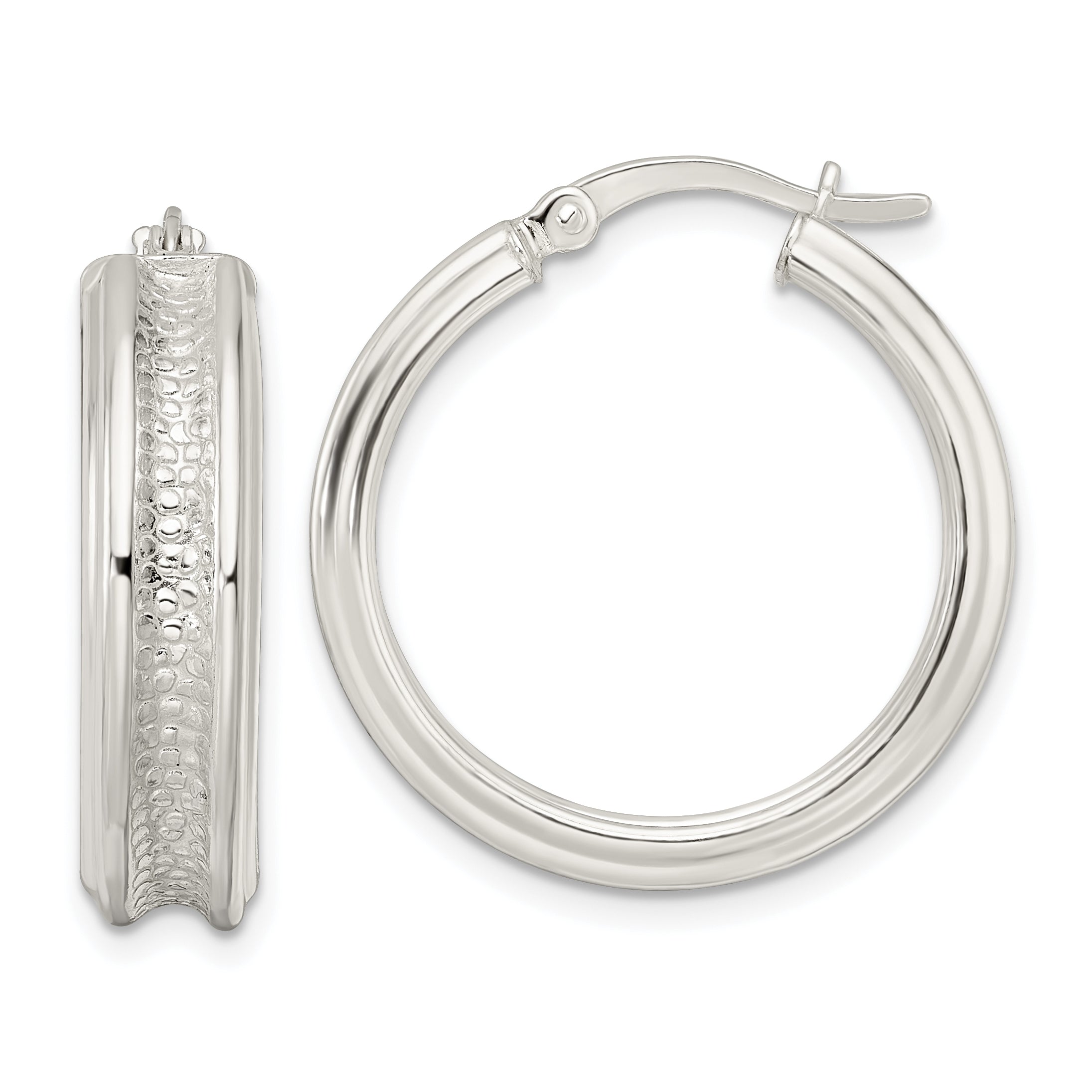Sterling Silver Polished and Textured Circle Hoop Earrings
