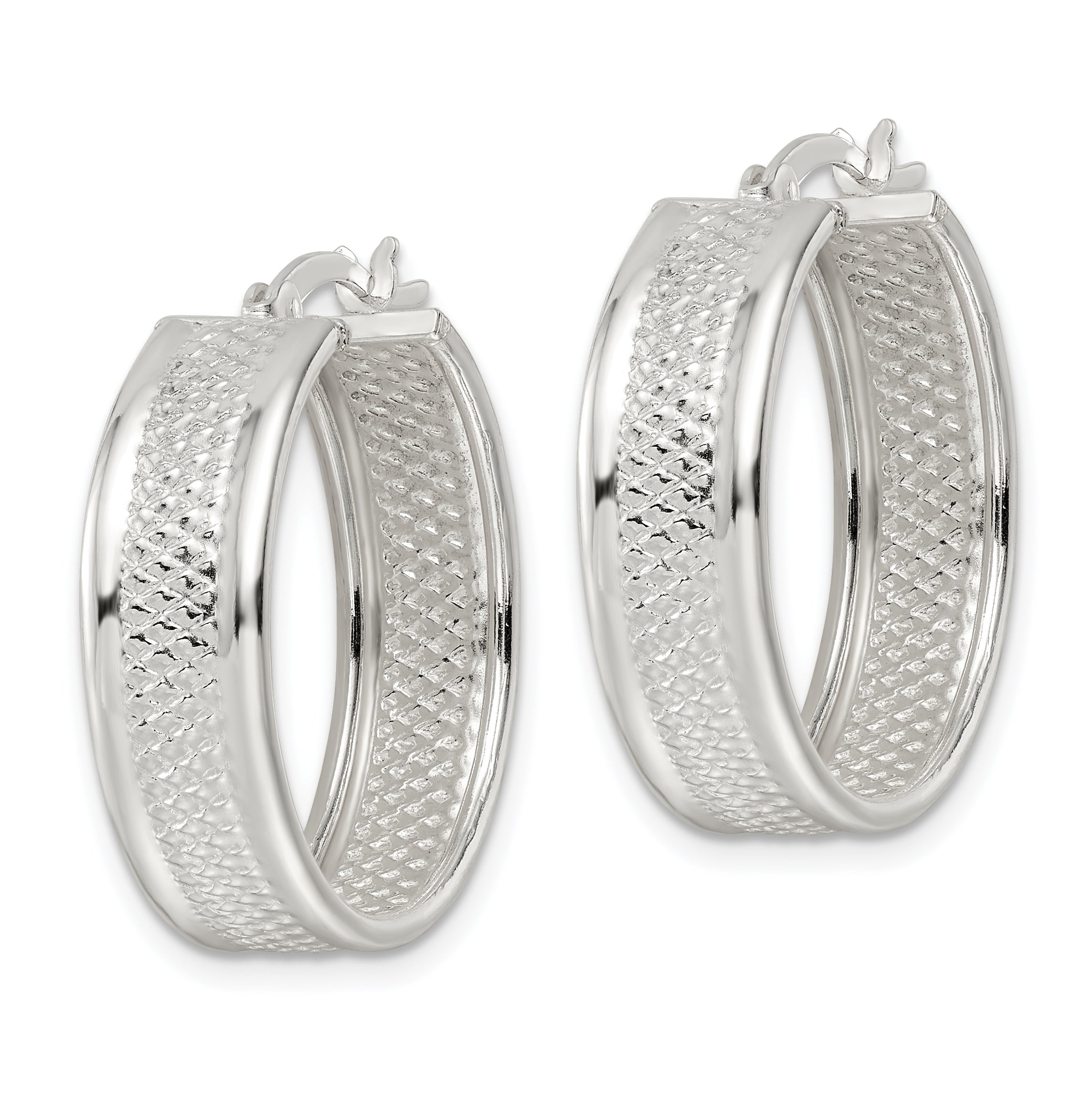 Sterling Silver Polished Textured 7.5x25mm Hoop Earrings Secondary image