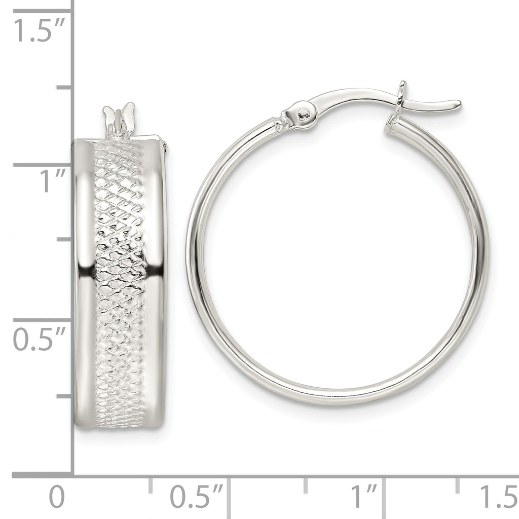Sterling Silver Polished Textured 7.5x25mm Hoop Earrings