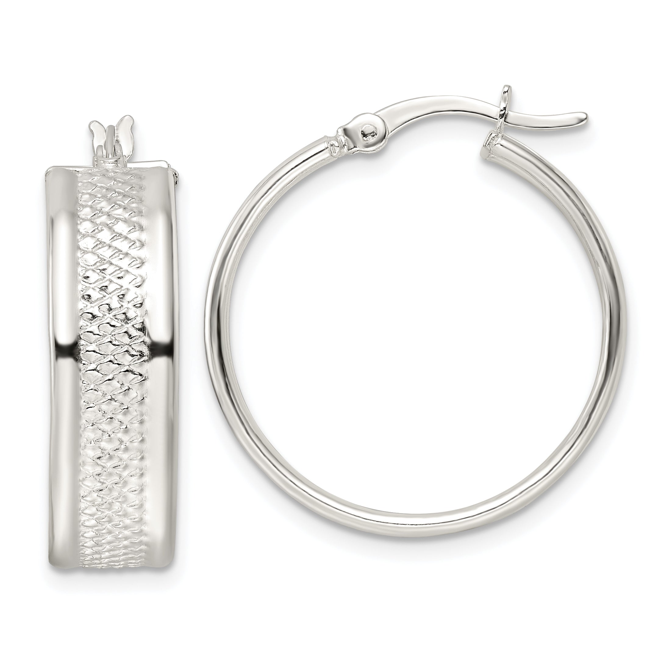 Sterling Silver Polished Textured 7.5x25mm Hoop Earrings