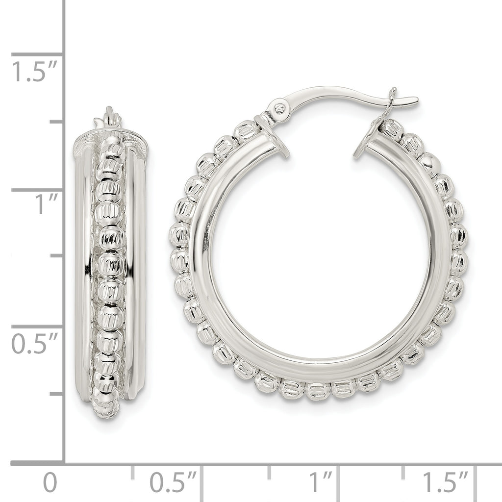 Sterling Silver Polished and DIamond-cut Beaded Hoop Earrings