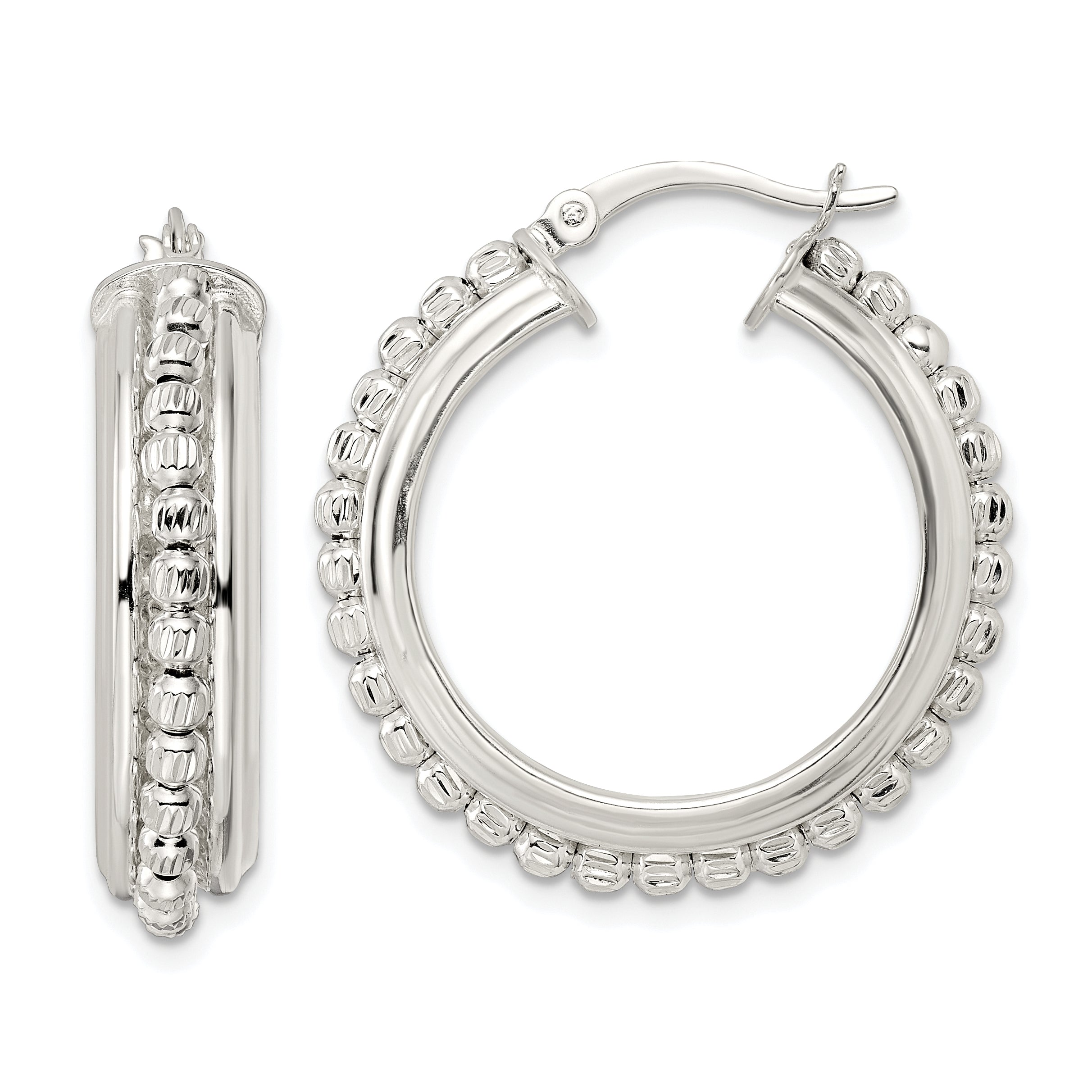 Sterling Silver Polished and DIamond-cut Beaded Hoop Earrings Main image