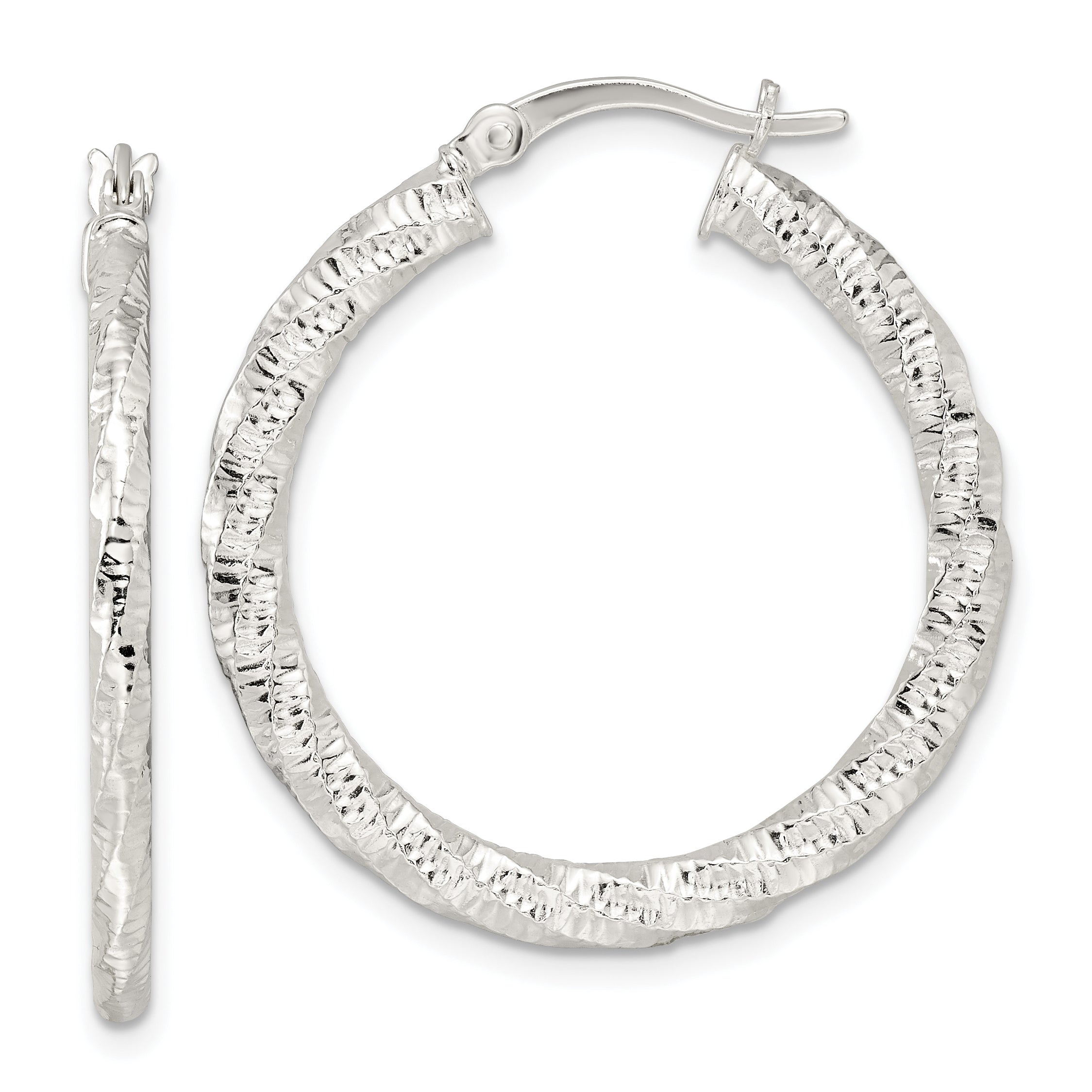 Sterling Silver Polished and Textured Twisted Hoop Earrings Main image