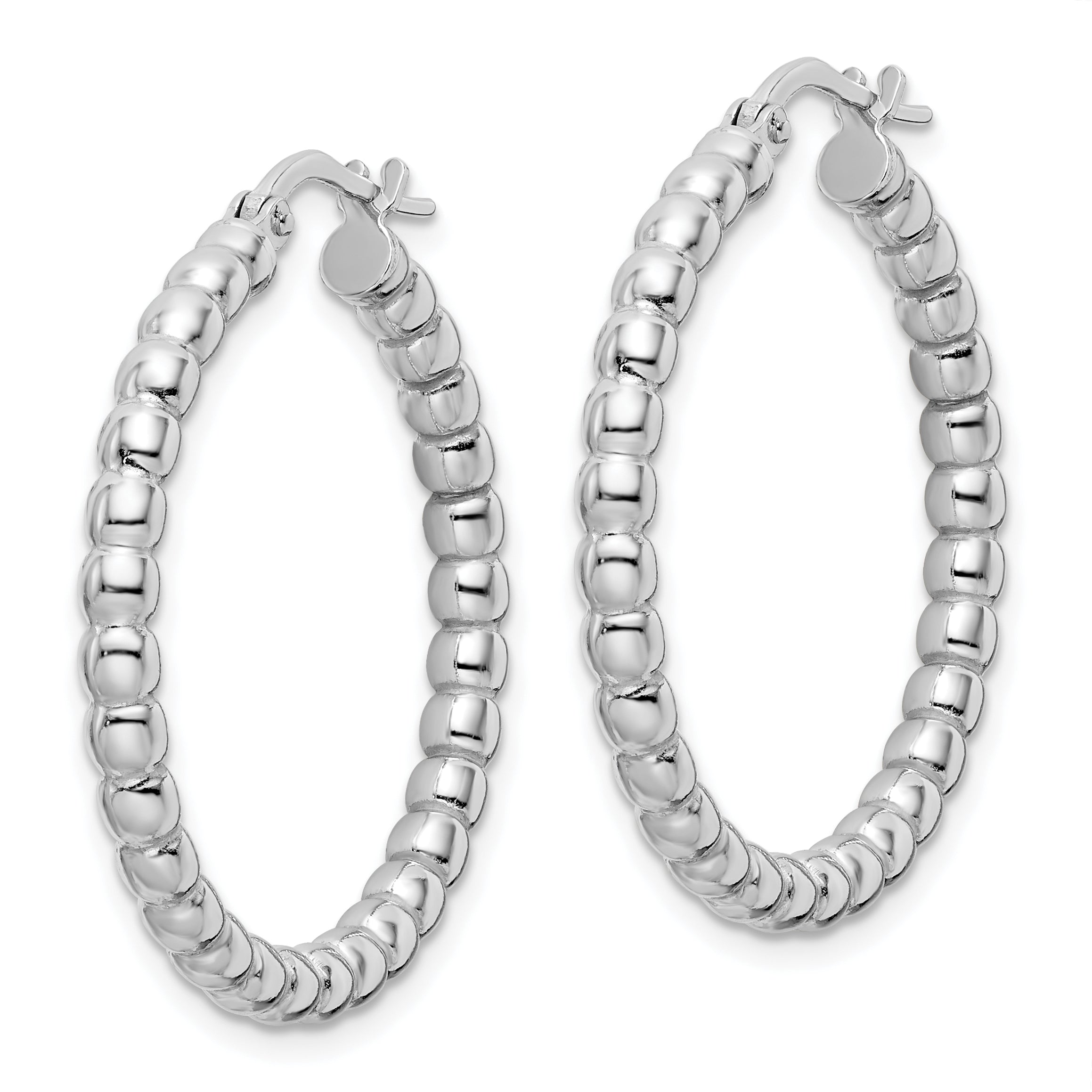 Sterling Silver Rhodium-plated Polished 3mm Beaded Hoop Earrings Secondary image