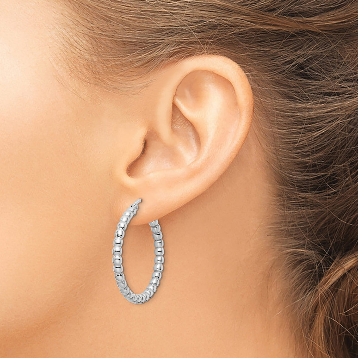 Beaded Hoop Earrings in Sterling Silver, 32mm Hinged - Sophia Jewelers