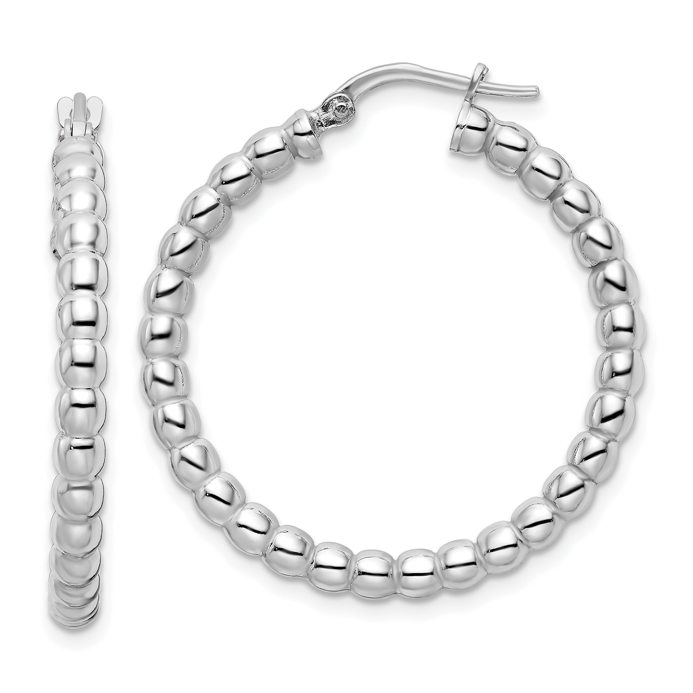 Sterling Silver Rhodium-plated Polished 3mm Beaded Hoop Earrings Main image
