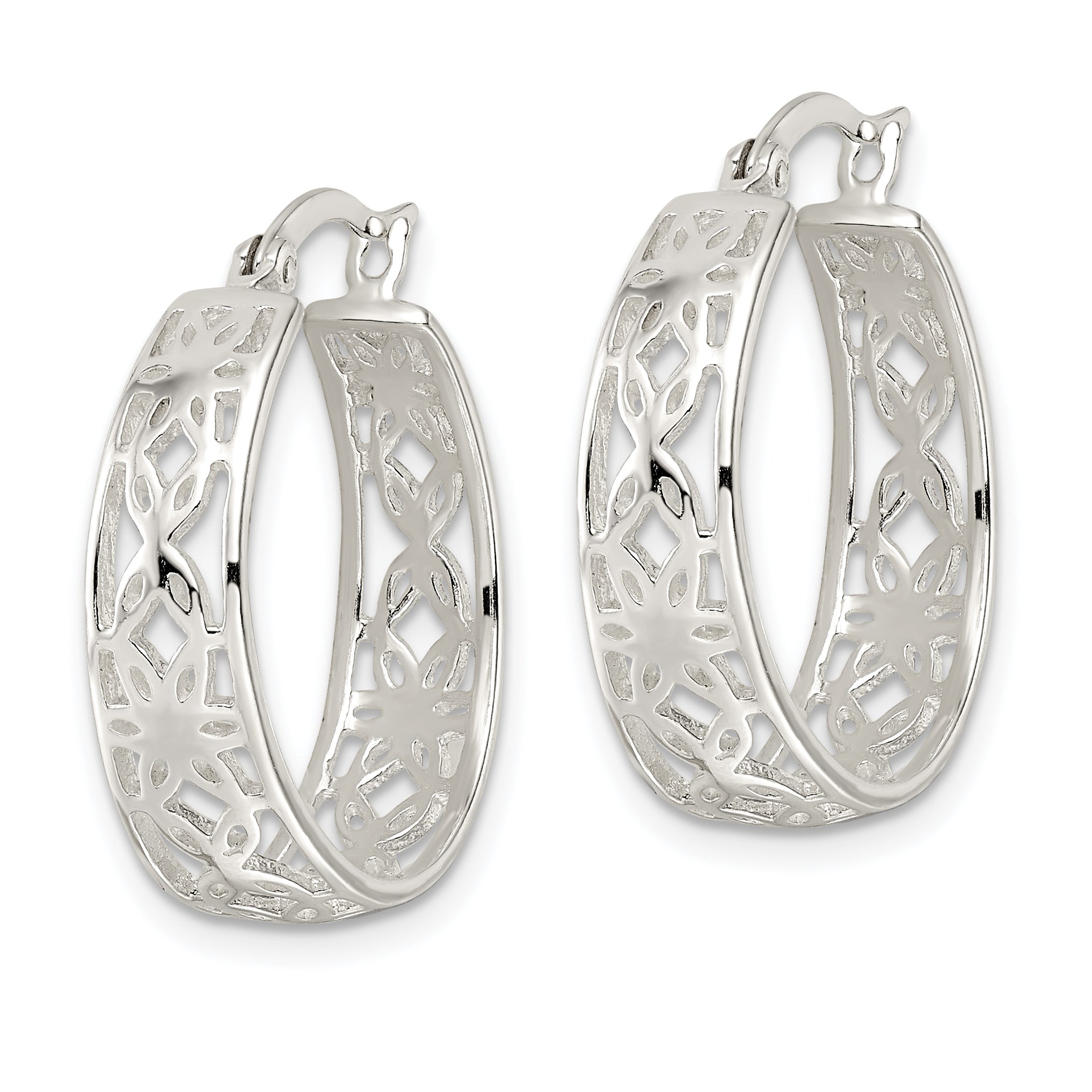 Sterling Silver Polished Cut-out Floral Round Hoop Earrings Secondary image