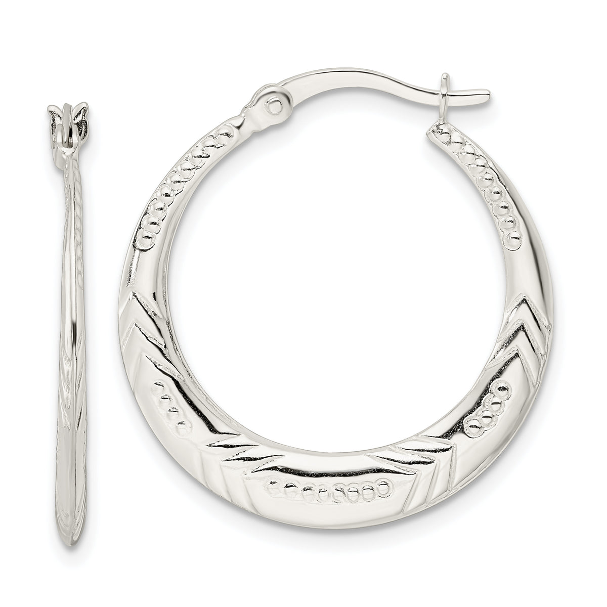 Sterling Silver Polished & Textured Knife Edge Round Hoop Earrings