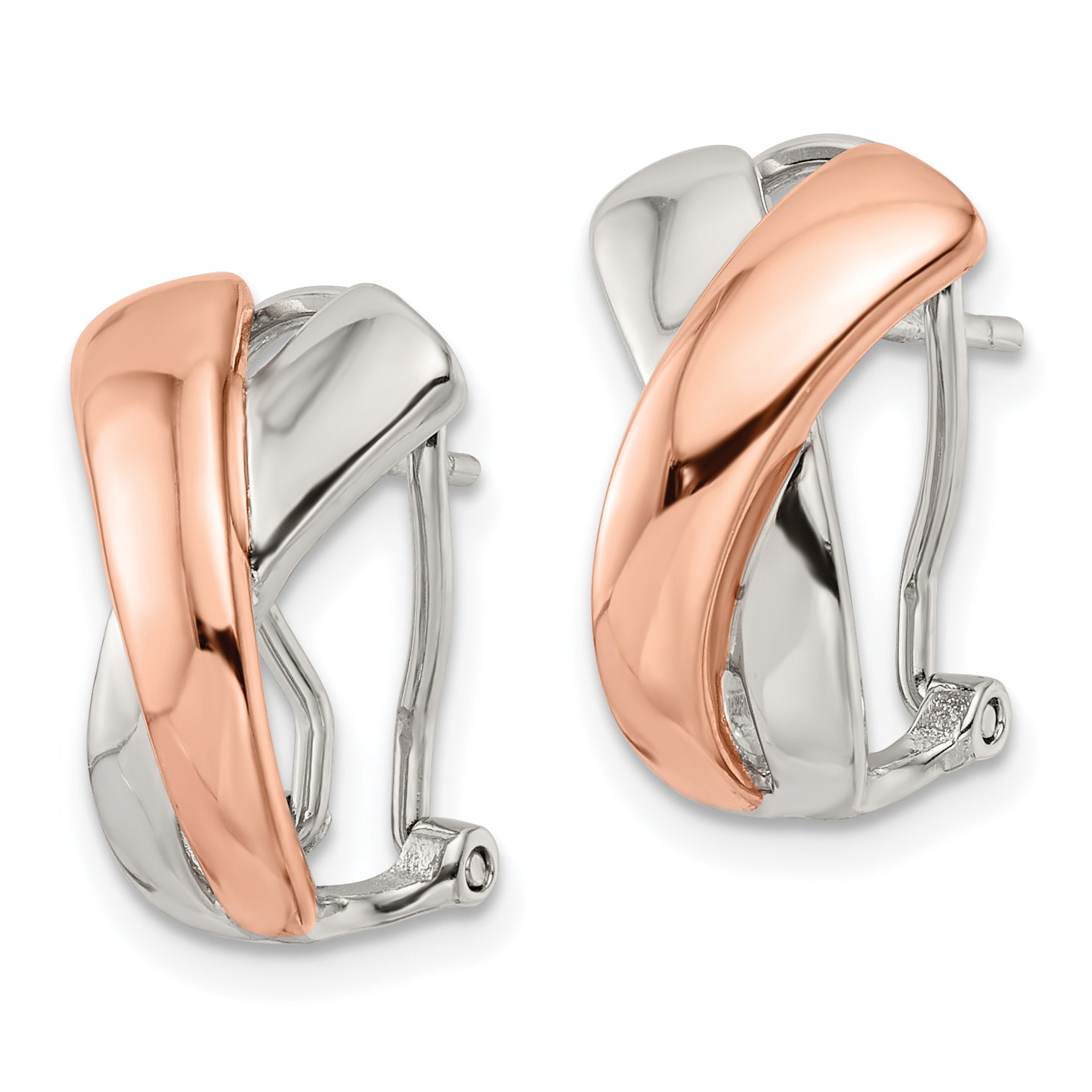 Sterling Silver & Rose-tone Polished X Omega Back J-Hoop Earrings Secondary image