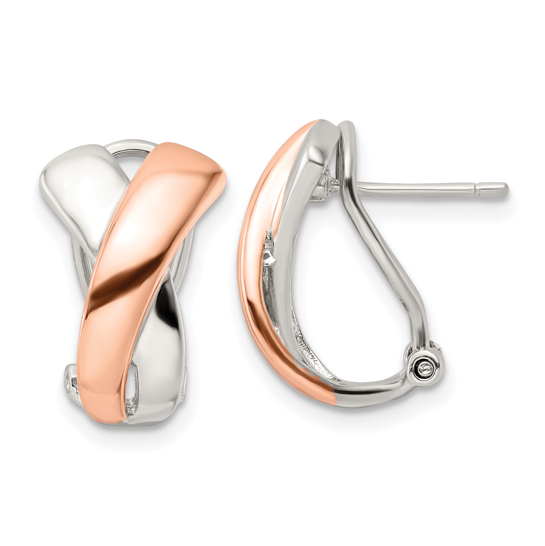 Sterling Silver & Rose-tone Polished X Omega Back J-Hoop Earrings Main image