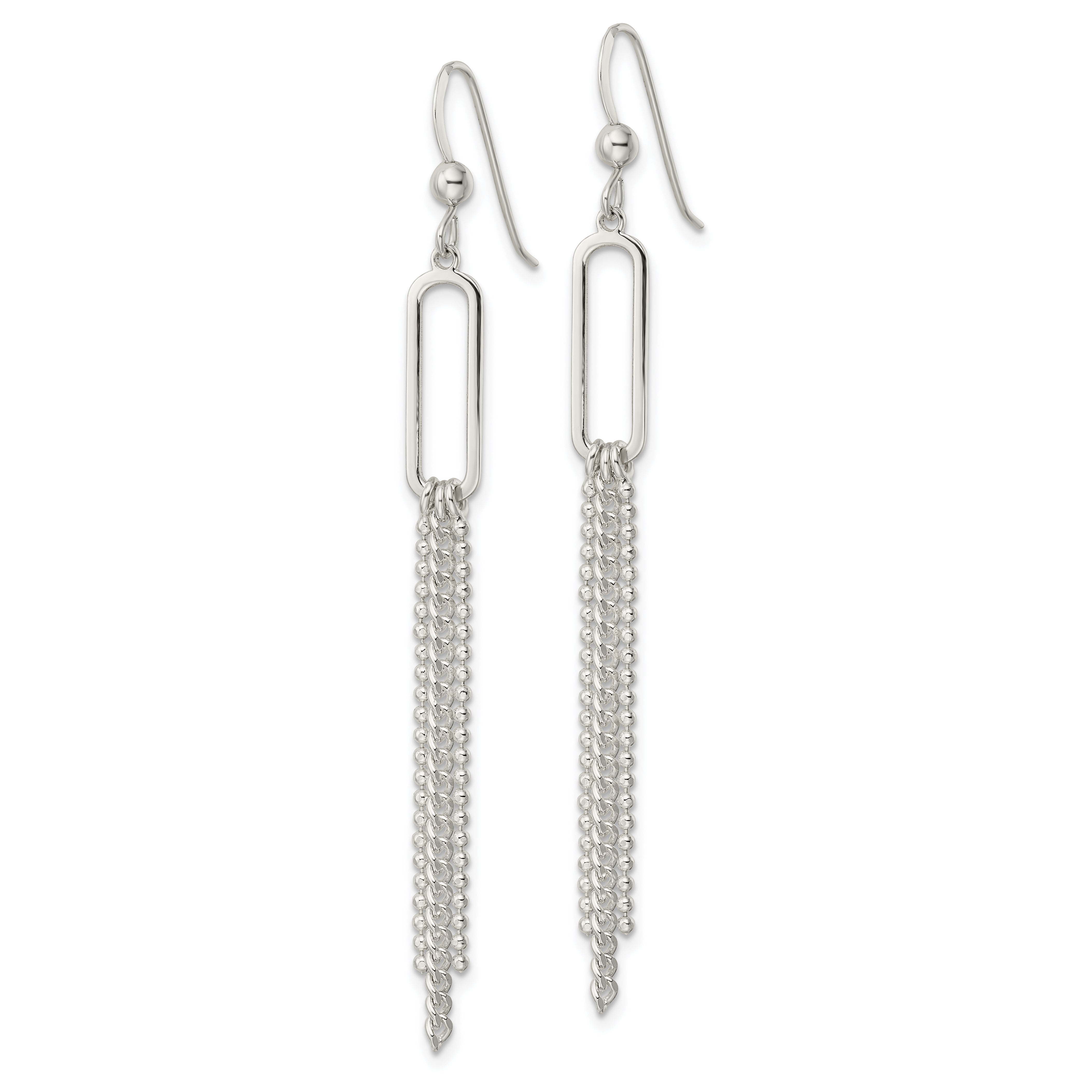 Sterling Silver Polished Oval and Multi-Strand Beaded Chain Dangle Earrings