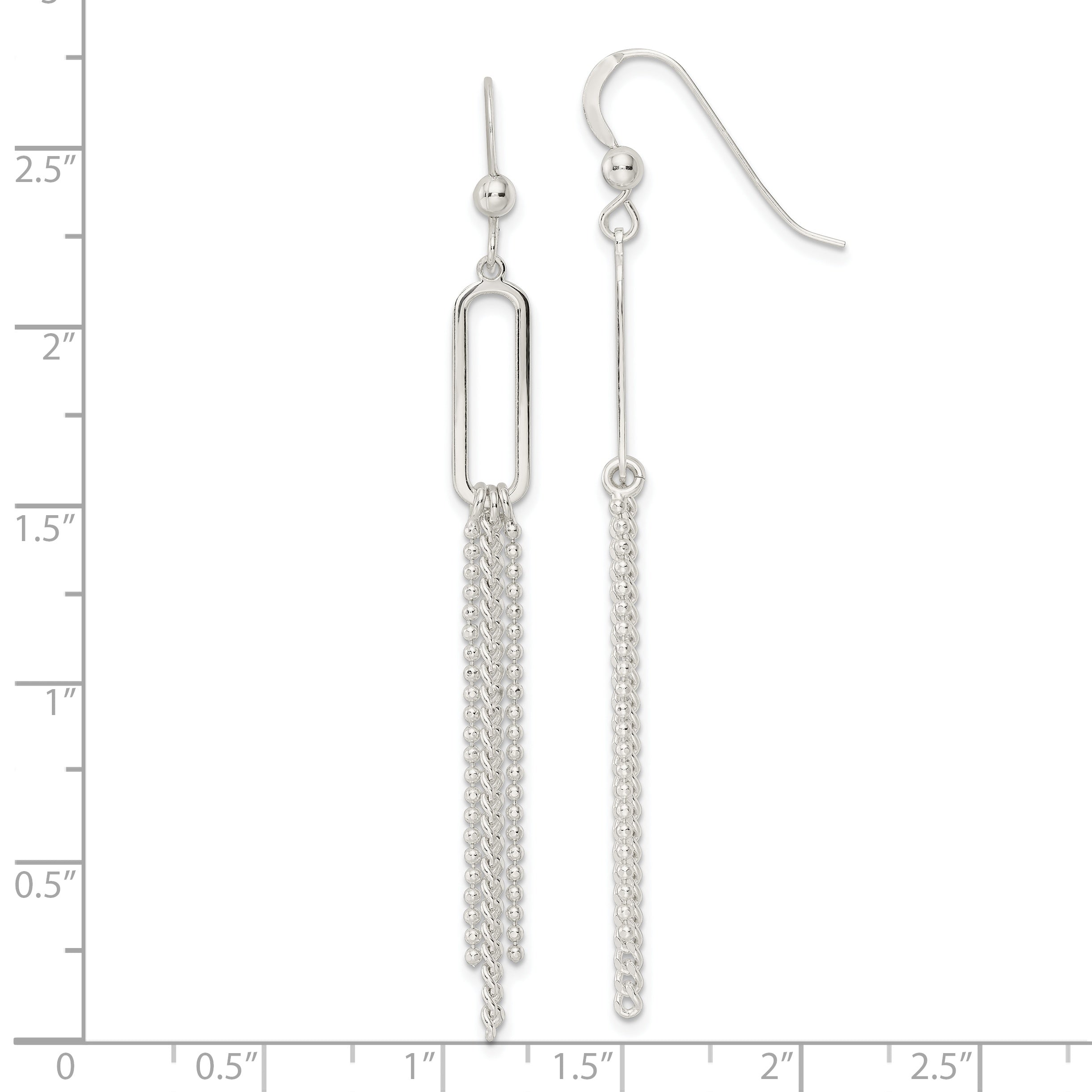 Sterling Silver Polished Oval and Multi-Strand Beaded Chain Dangle Earrings