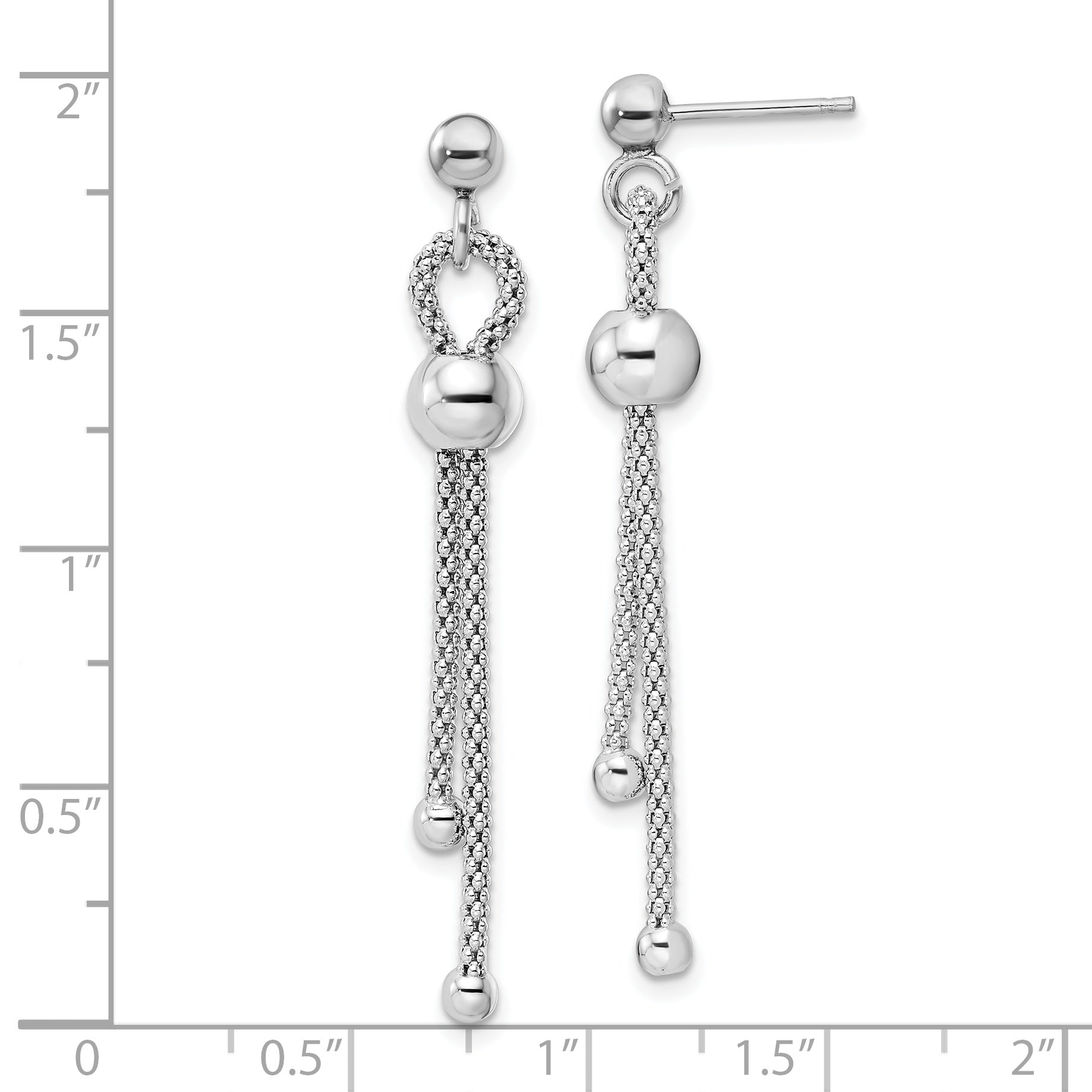 Sterling Silver Rhod-plated Polished Beaded Chain Post Dangle Earrings