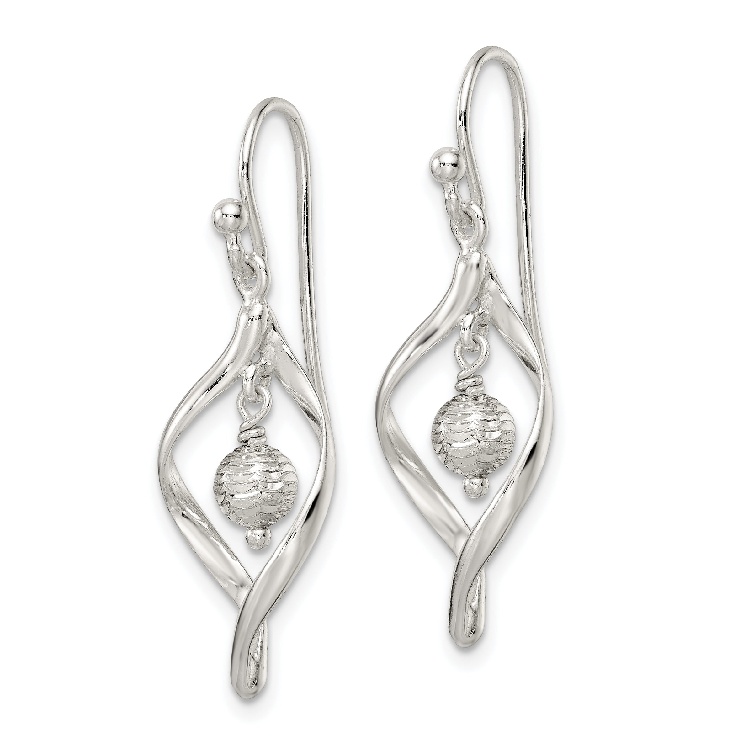 Sterling Silver Polished & Diamond-cut Twist w/Ball Center Dangle Earrings