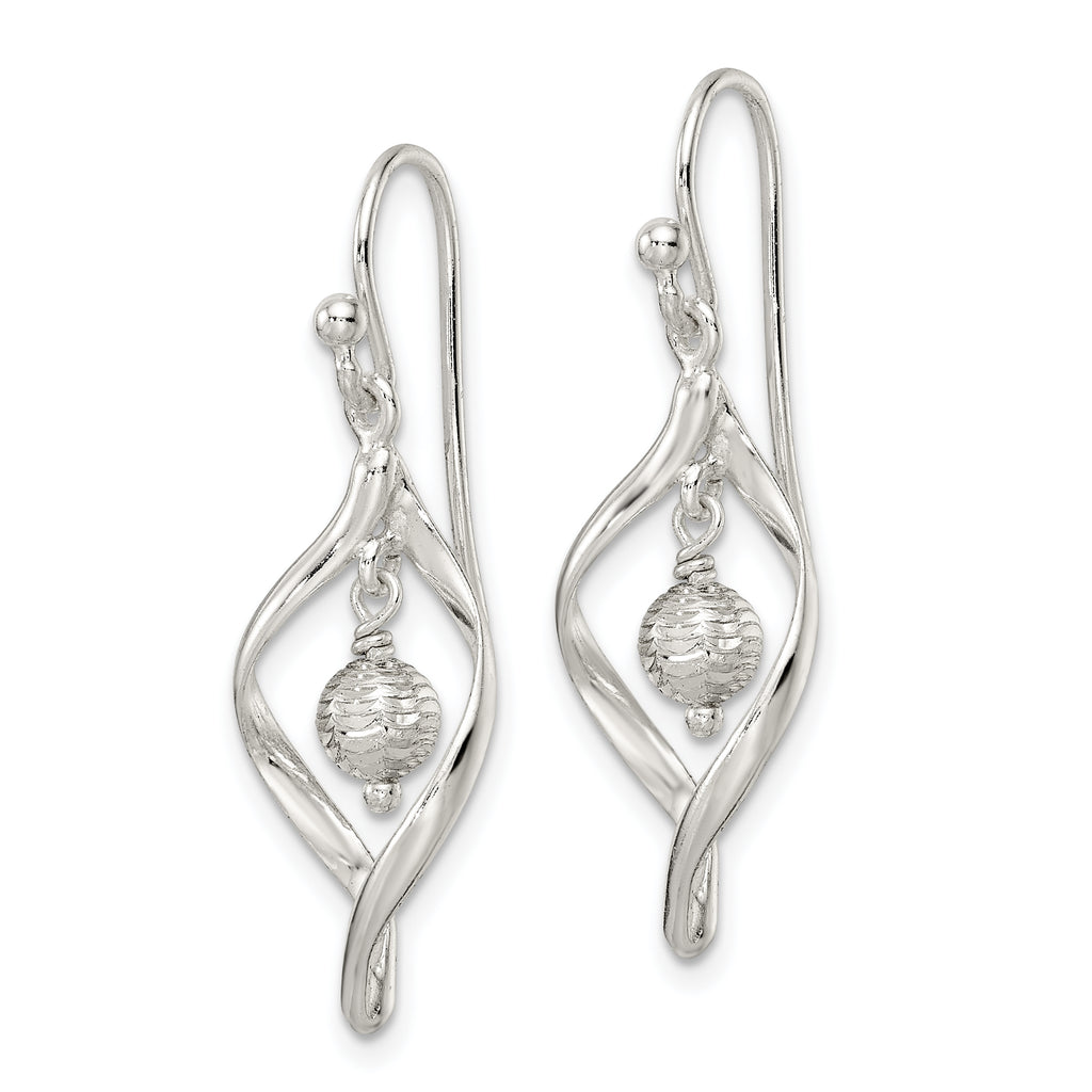Sterling Silver Polished & Diamond-cut Twist w/Ball Center Dangle Earrings