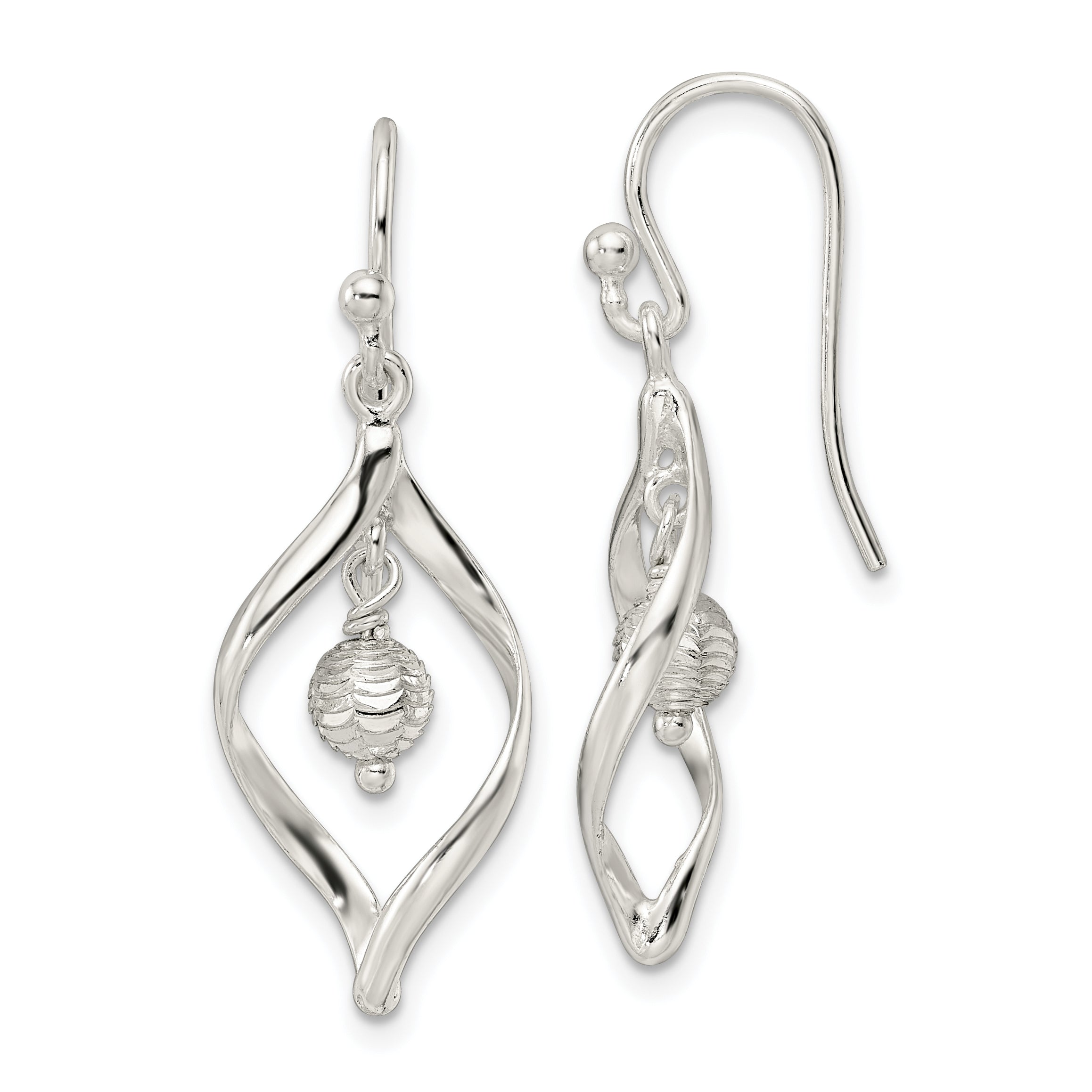 Sterling Silver Polished & Diamond-cut Twist w/Ball Center Dangle Earrings Main image