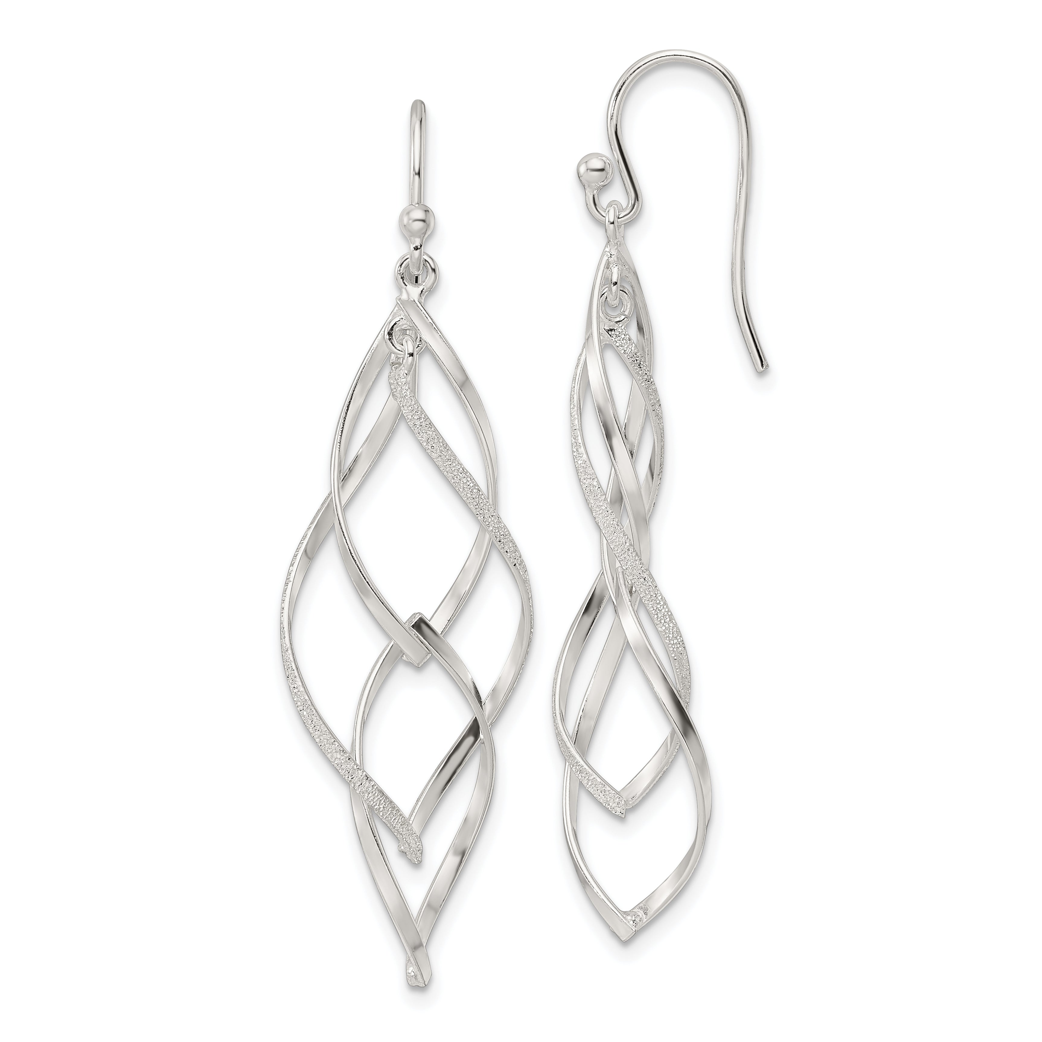 Sterling Silver Polished & Lasered Texture Twisted Dangle Hook Earrings Main image